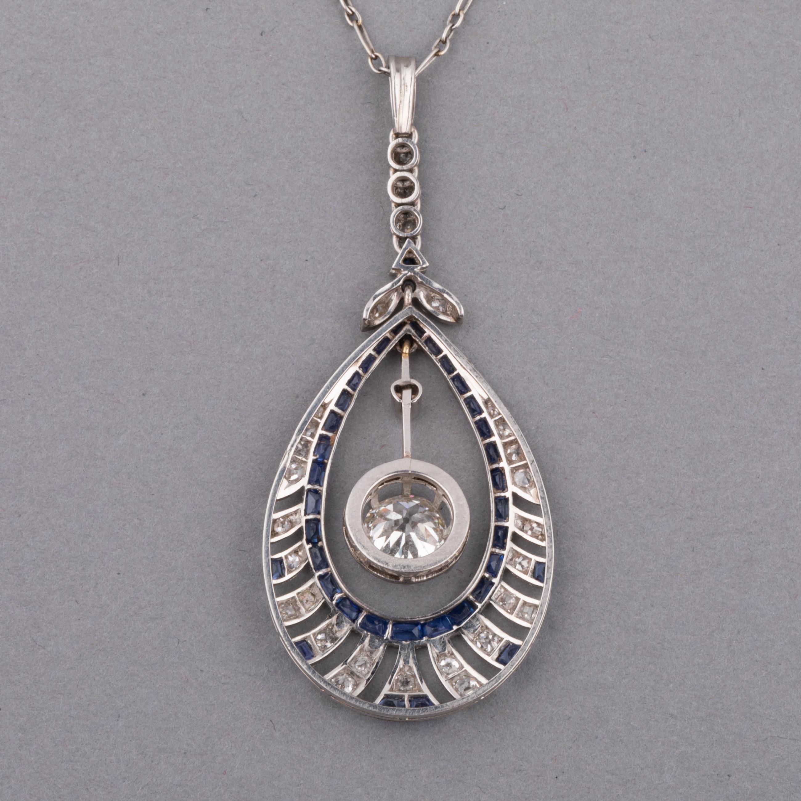 Women's Gold Platinum Diamonds and Sapphires French Art Deco Necklace For Sale