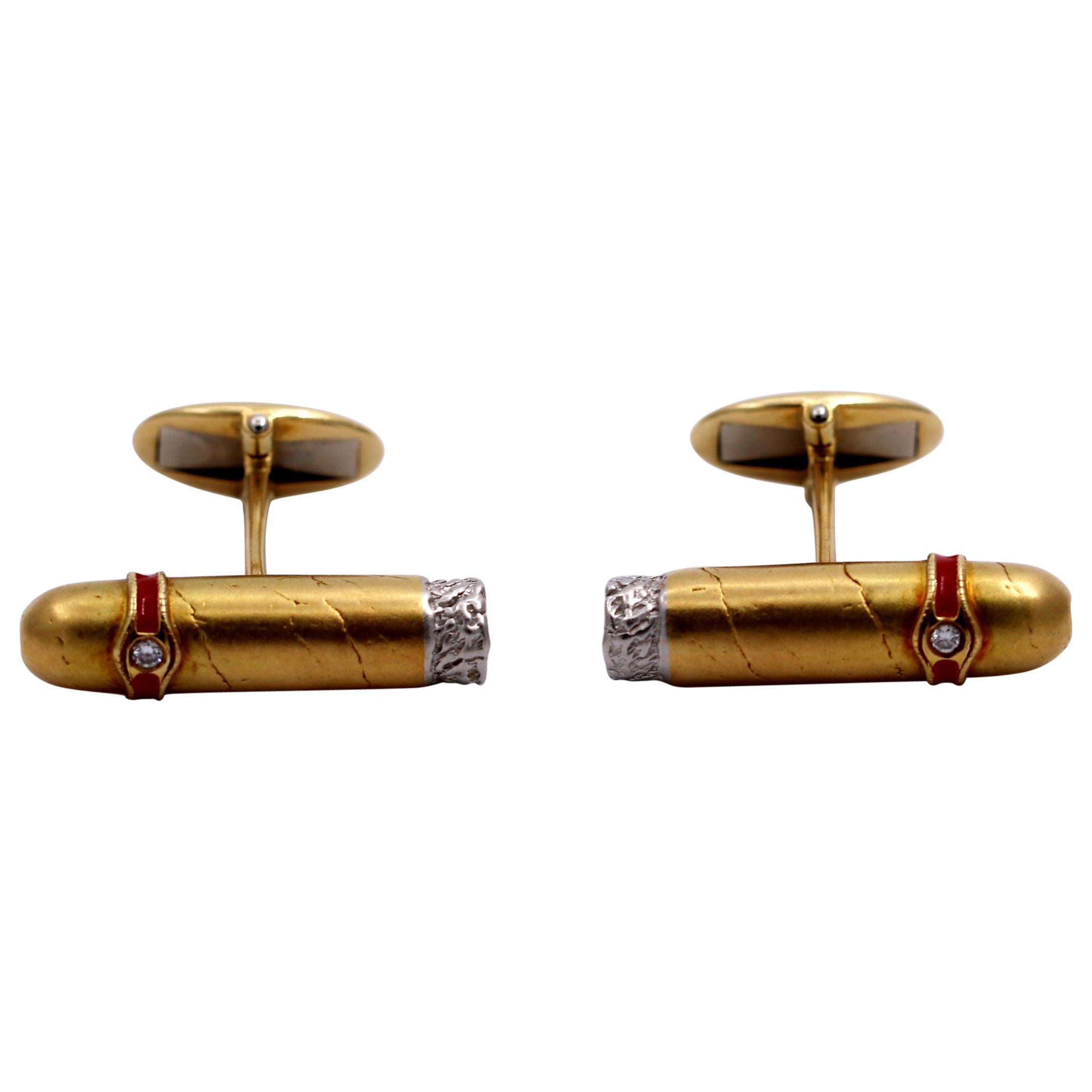 Gold Platinum Enamel and Diamond Cigar Cufflinks