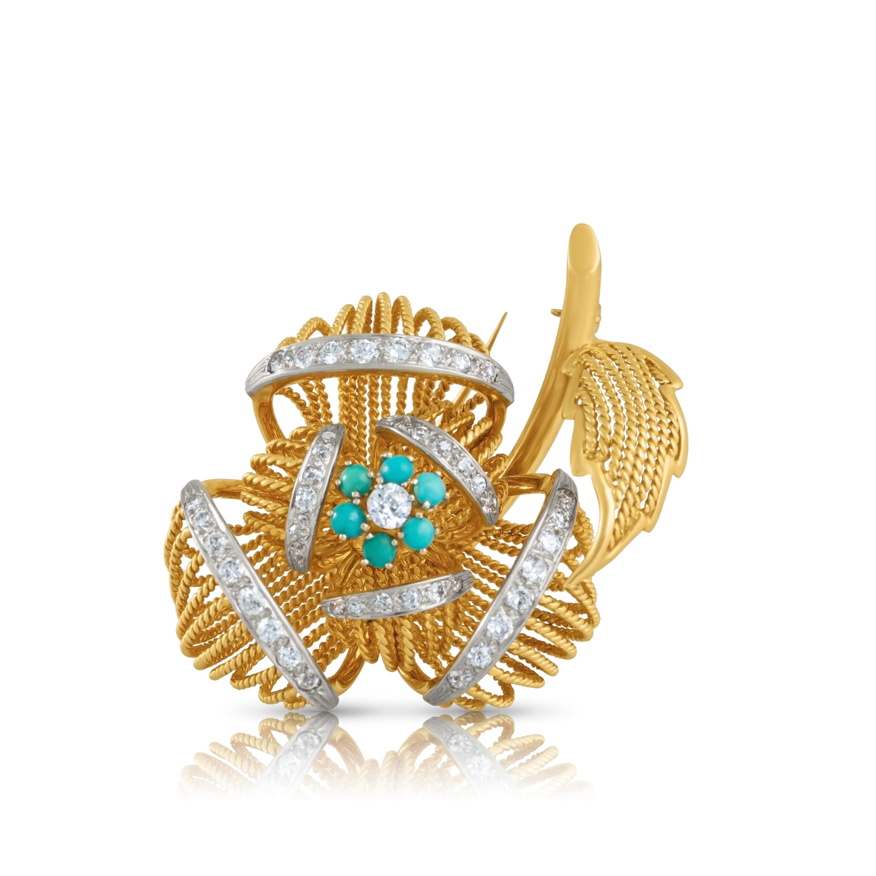 Brilliant Cut Gold Platinum Flower Brooch /Fur Clip With Turquoise And Diamonds  For Sale