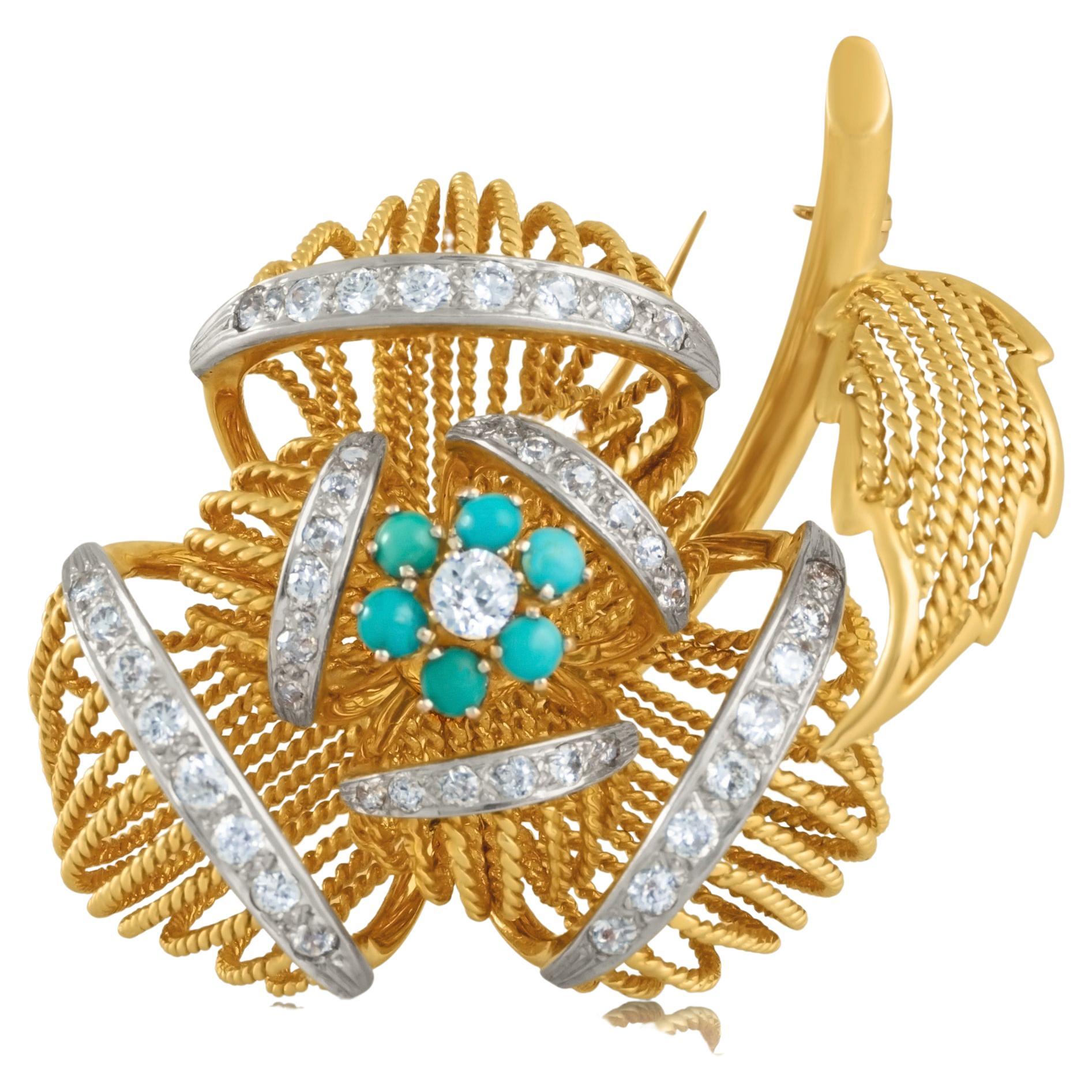Blumenbrosche aus Gold und Platin /Fur Clip mit Türkis und Diamanten 