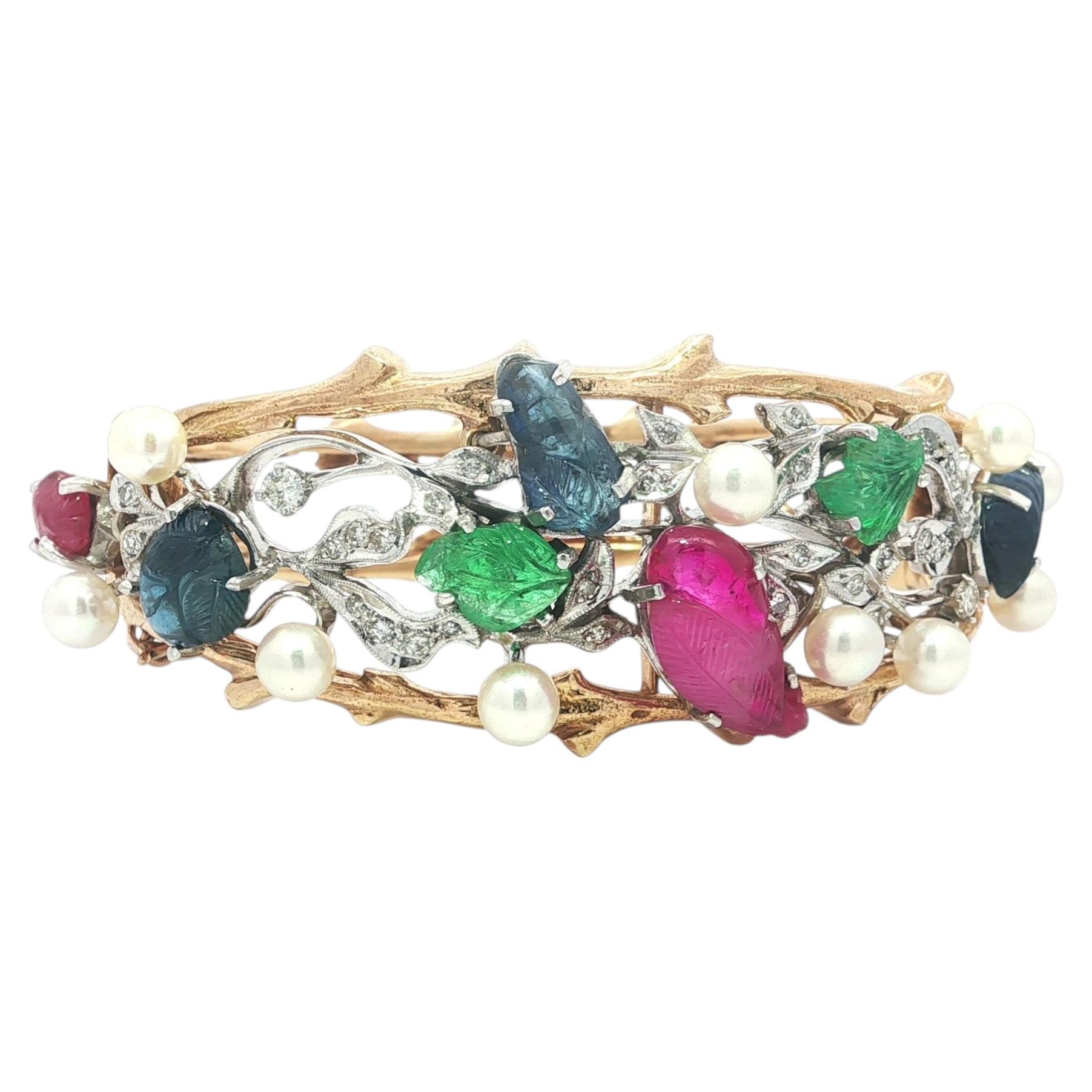 Gold & Platinum GIA Sapphire Ruby Emerald Pearl & Diamond Tutti Frutti Bracelet