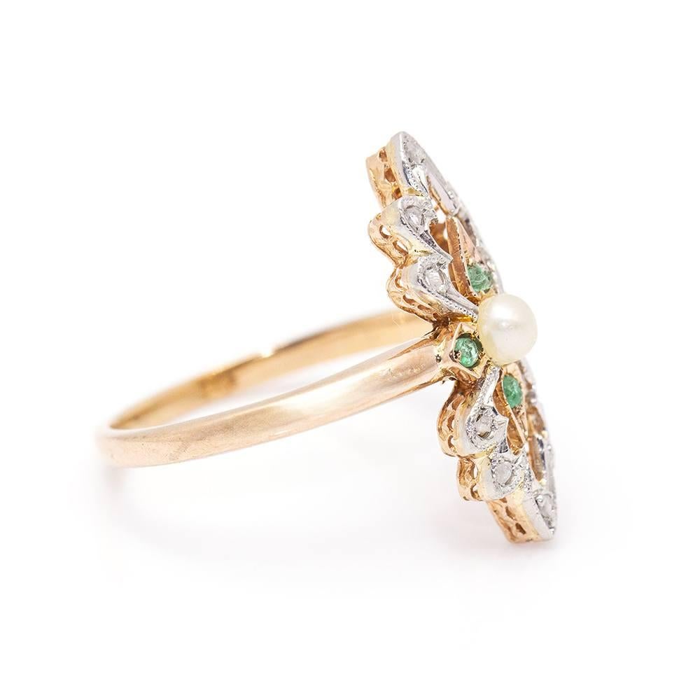 Belle Époque Gold, Platinum, Pearl and Emerald Ring For Sale