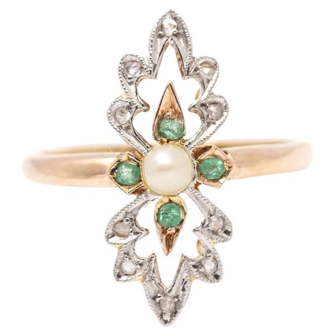 Gold, Platinum, Pearl and Emerald Ring For Sale