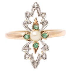 Antique Gold, Platinum, Pearl and Emerald Ring