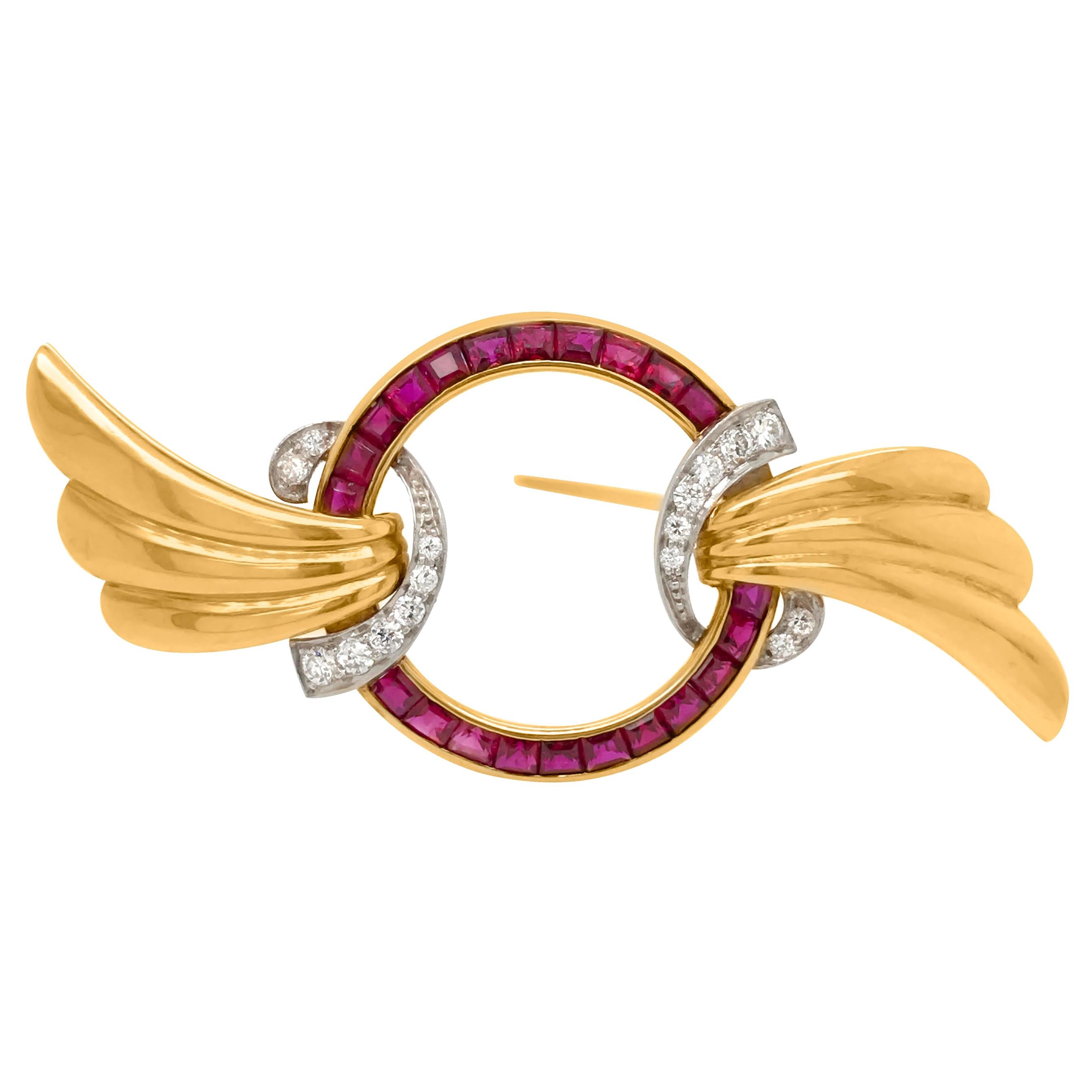 Gold, Platinum, Ruby and Diamond Brooch