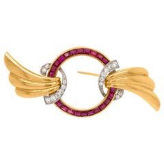 Gold, Platinum, Ruby and Diamond Brooch
