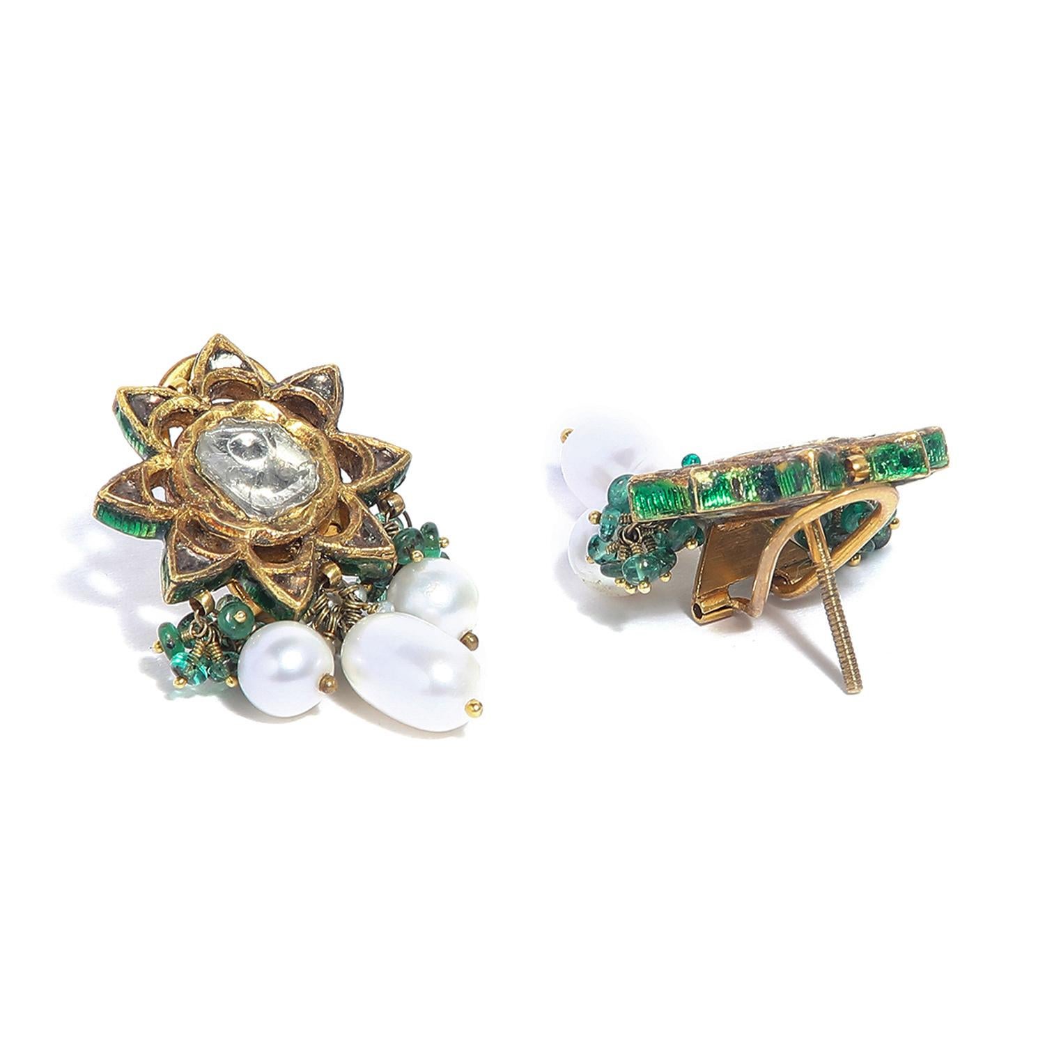 Ball Cut Gold Polki Emerald Earrings with Pearls - Vintage Intention For Sale