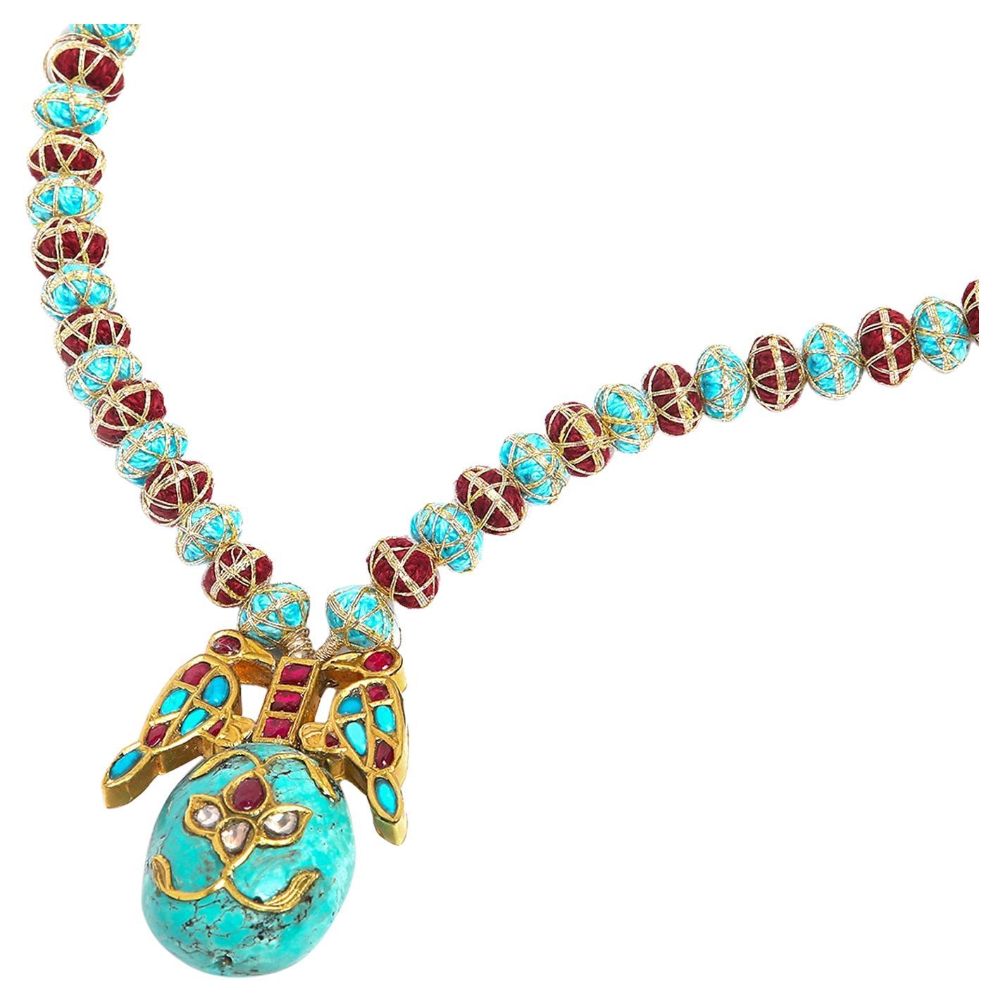Gold Polki Necklace With Turquoise And Ruby - Vintage Intention For Sale