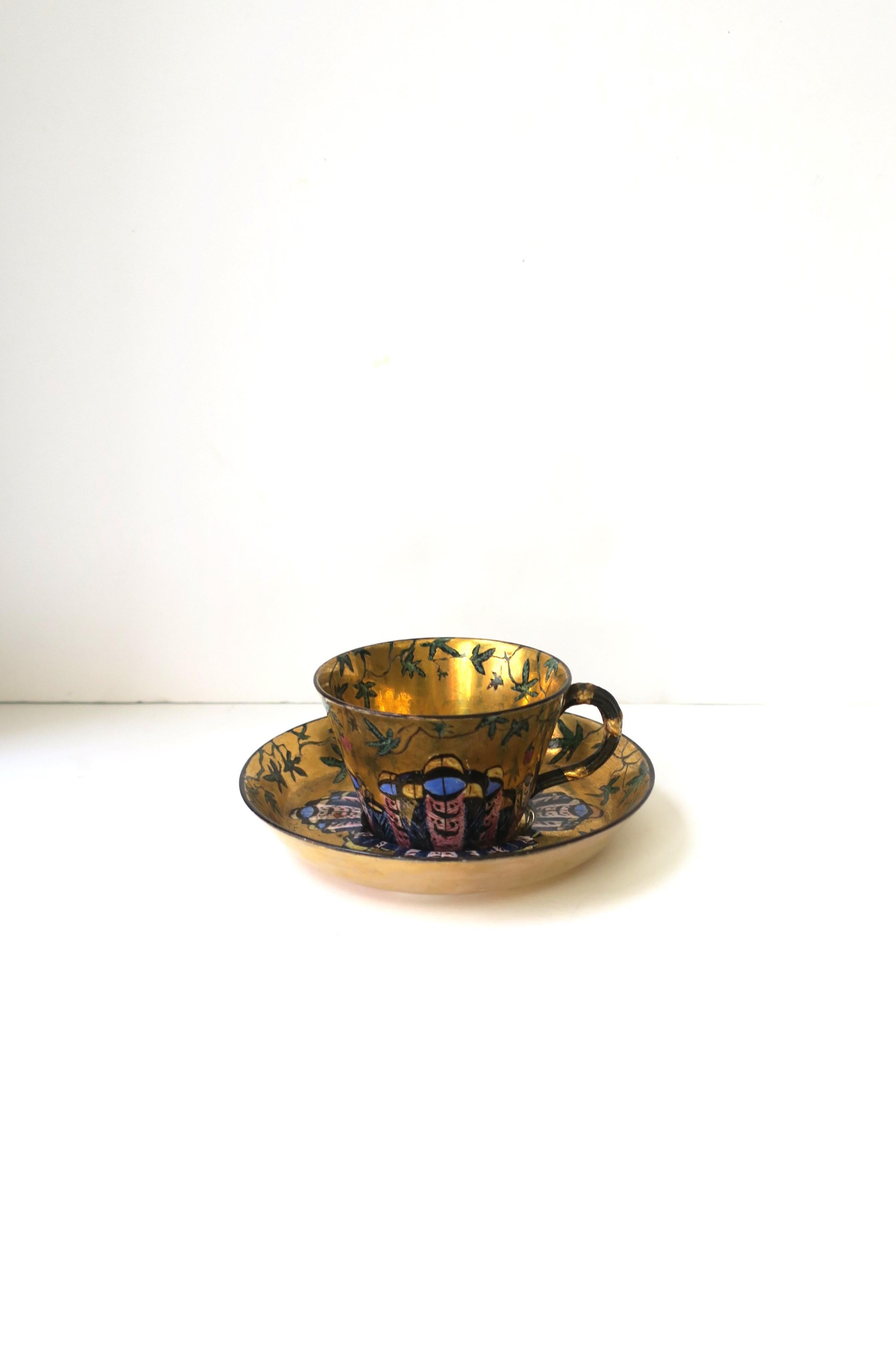 European Gold Porcelain Coffee or Tea Cup and Saucer with Butterfly Design For Sale