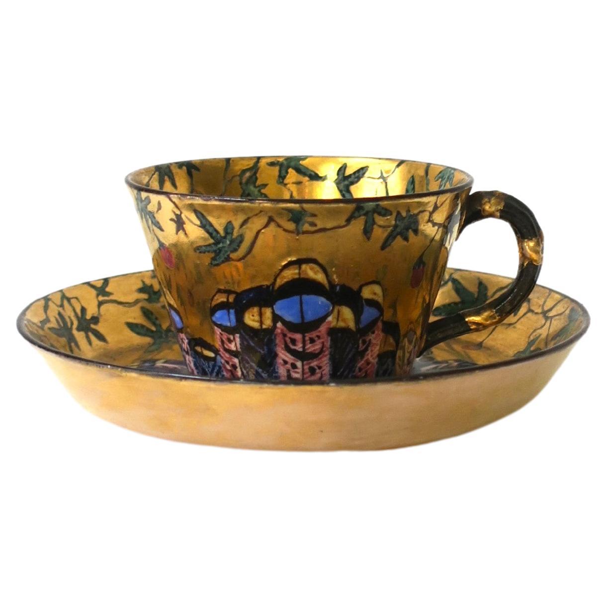 Gold Porcelain Coffee or Tea Cup and Saucer with Butterfly Design For Sale