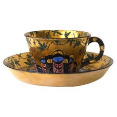Used Gold Porcelain Coffee or Tea Cup and Saucer with Butterfly Design