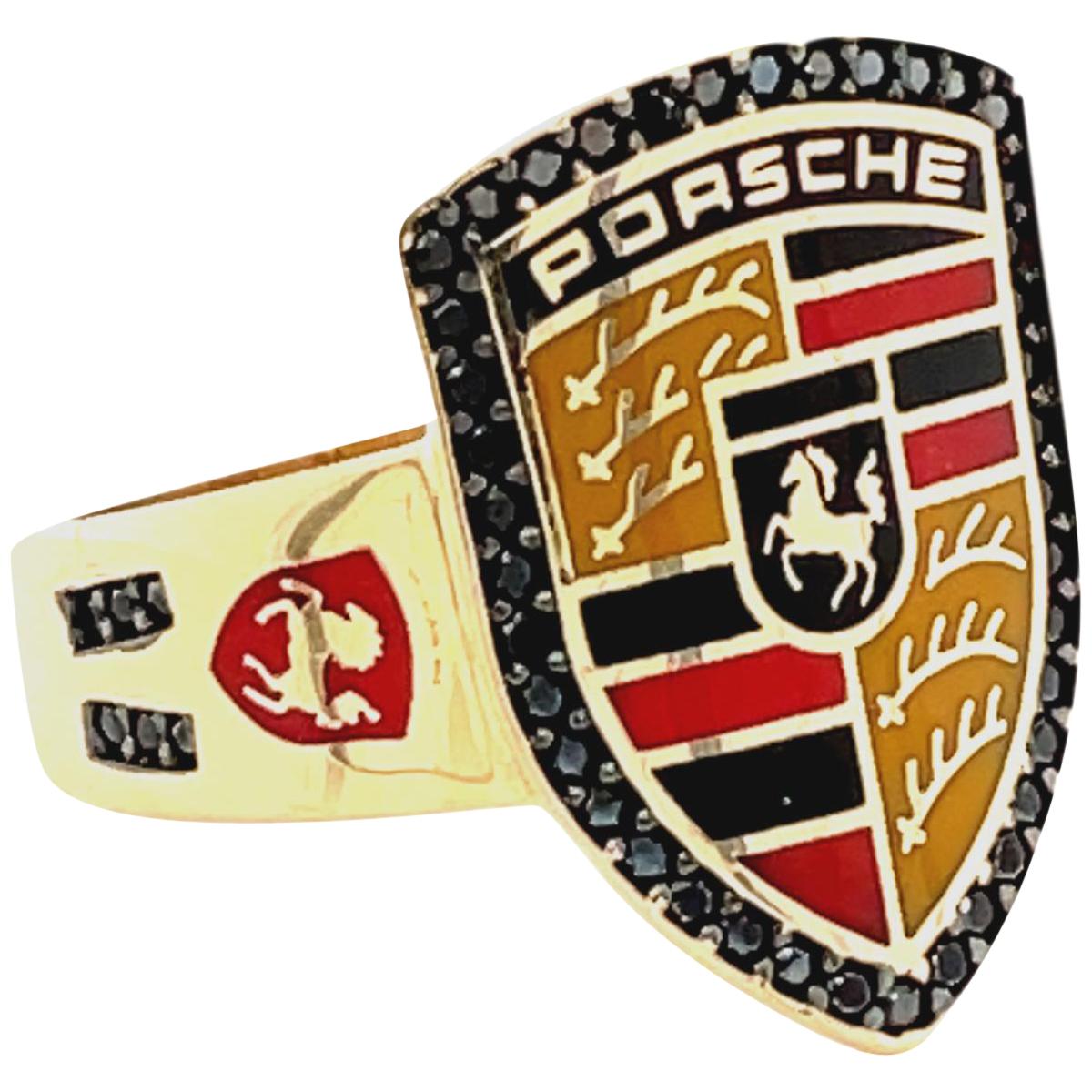 Gold Porsche Cigar Band Ring with Enamel and Black Spinel