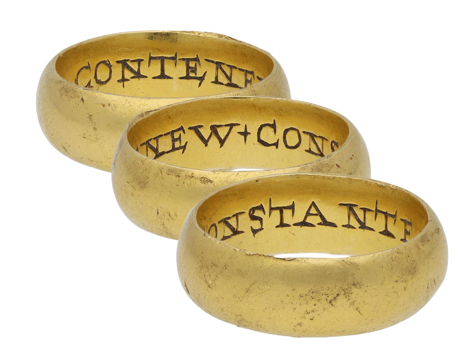 Gold posy ring, 'Rather die then faith deny'. A smoothly conforming yellow gold D-shape band engraved to the interior 'Rather die then faith deny' in elegant script, approximately 6.2mm in width. Tested yellow gold, approximately 9.32 grams in