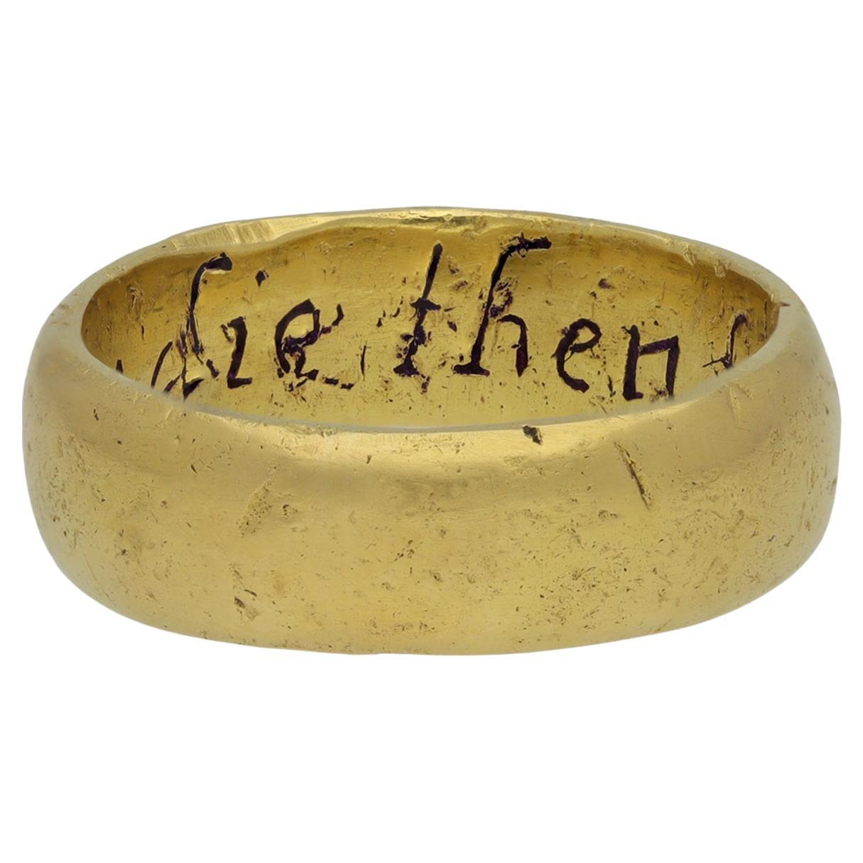 Gold posy ring, 'Rather die then faith deny', circa 18th century.