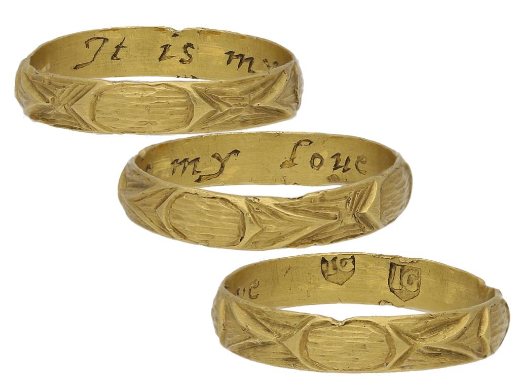 Bague posy en or avec détails sculptés et inscription 