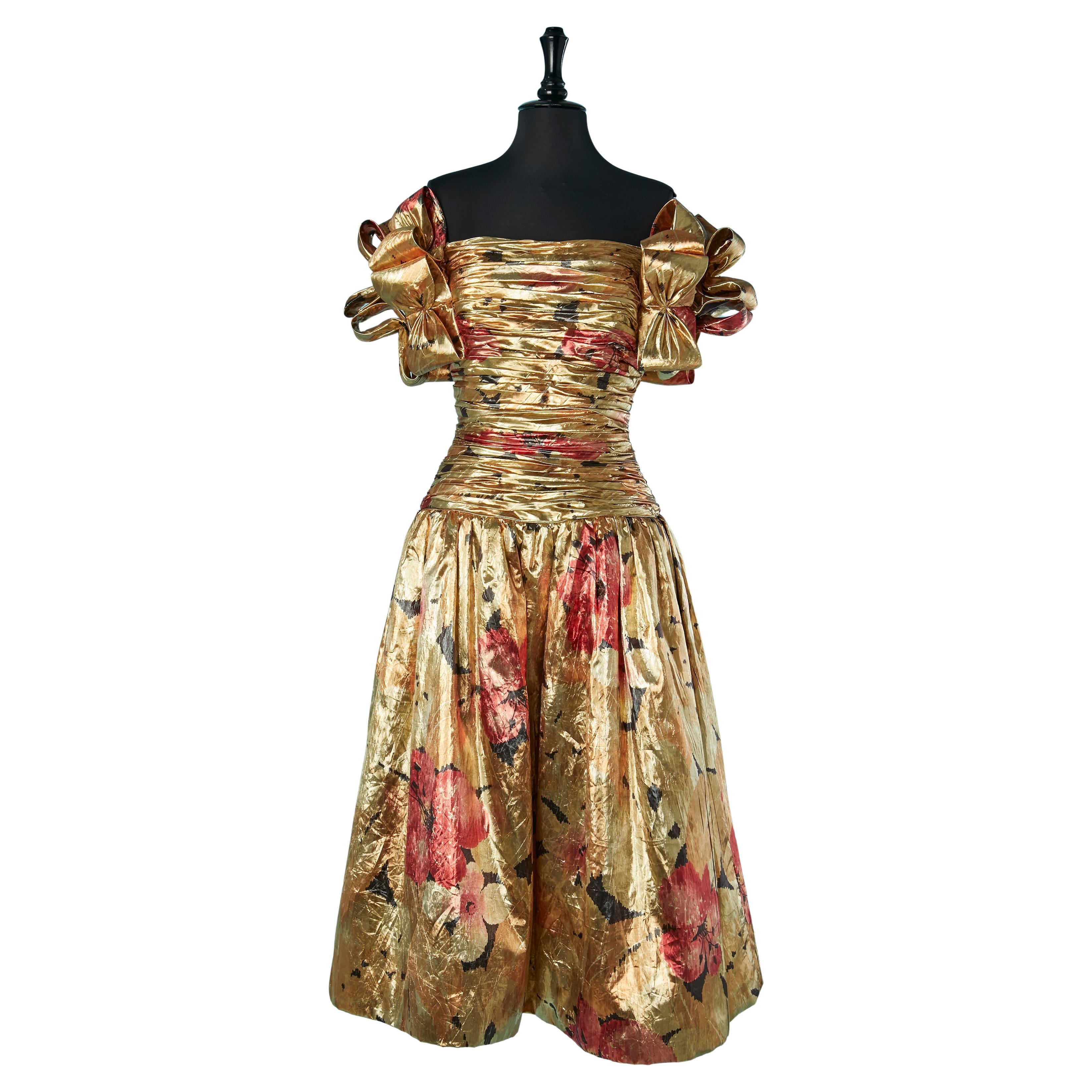 Robe du soir drapée en lamé imprimé doré MICHAELA NOVARESE pour Bergdorf Goodman