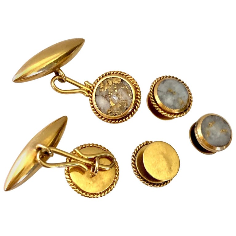 Gold Quartz Cufflink and Button Set in 18 Karat Gold For Sale