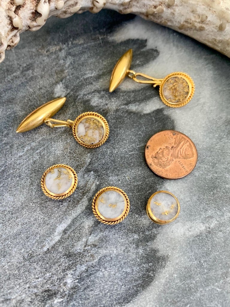 Round Cut Gold Quartz Cufflink and Button Set in 18 Karat Gold For Sale