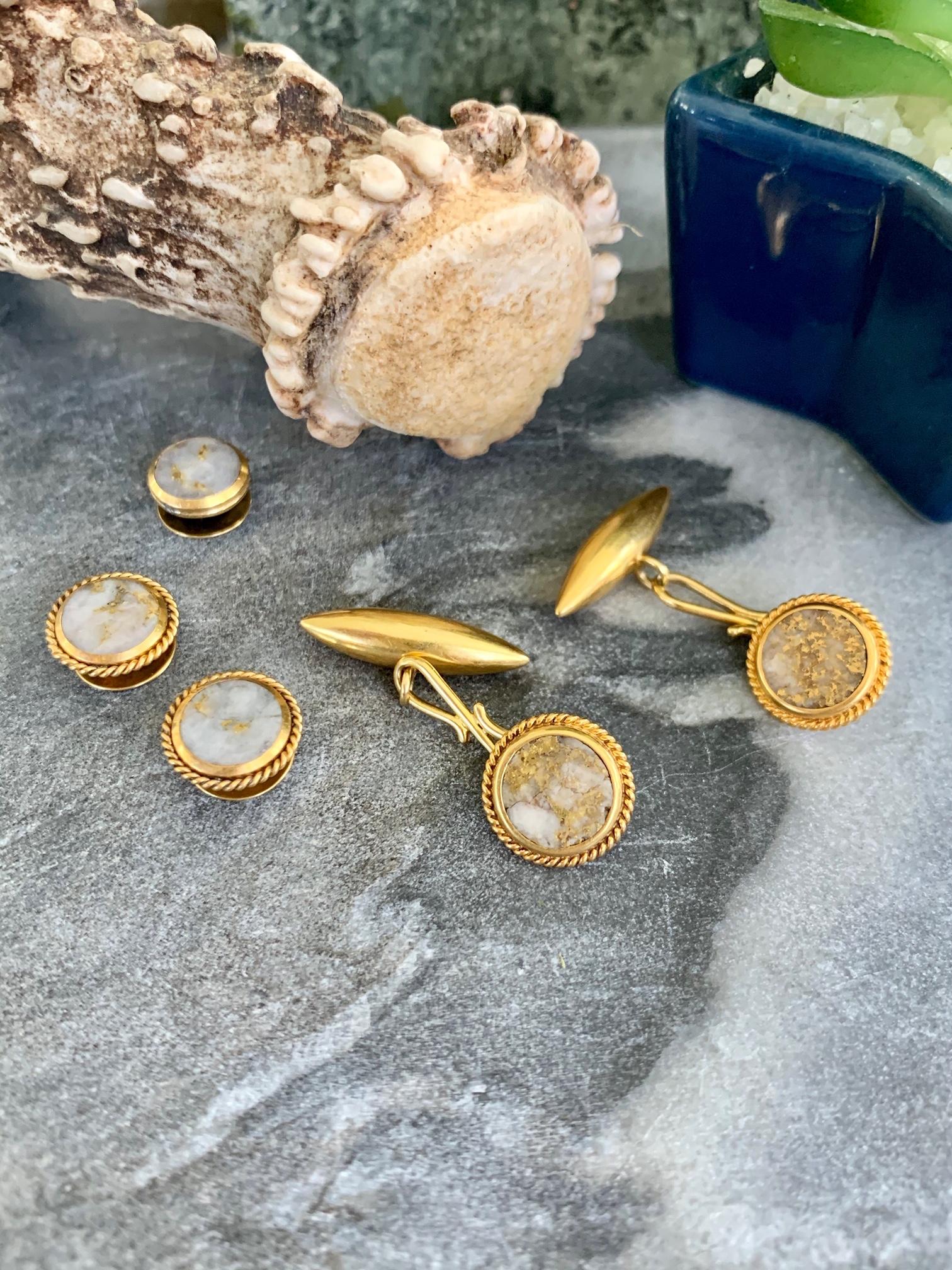 Round Cut Gold Quartz Cufflink and Button Set in 18 Karat Gold For Sale