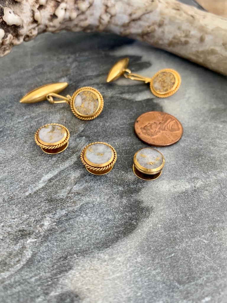 Gold Quartz Cufflink and Button Set in 18 Karat Gold For Sale 2