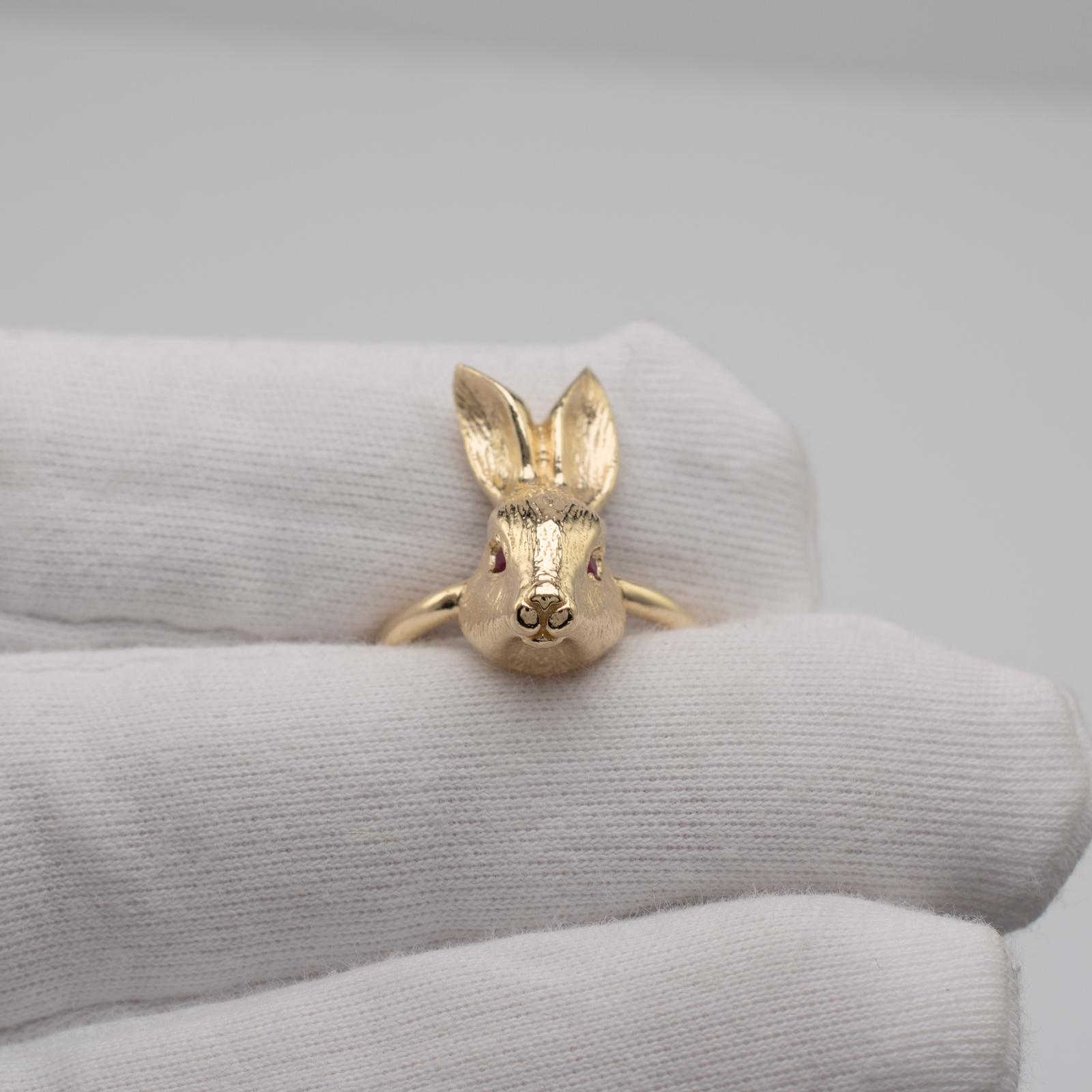 Round Cut Solid Gold Rabbit, Ruby Eyes, Custom Made Animal Rings by Michael Hunter BA Hons