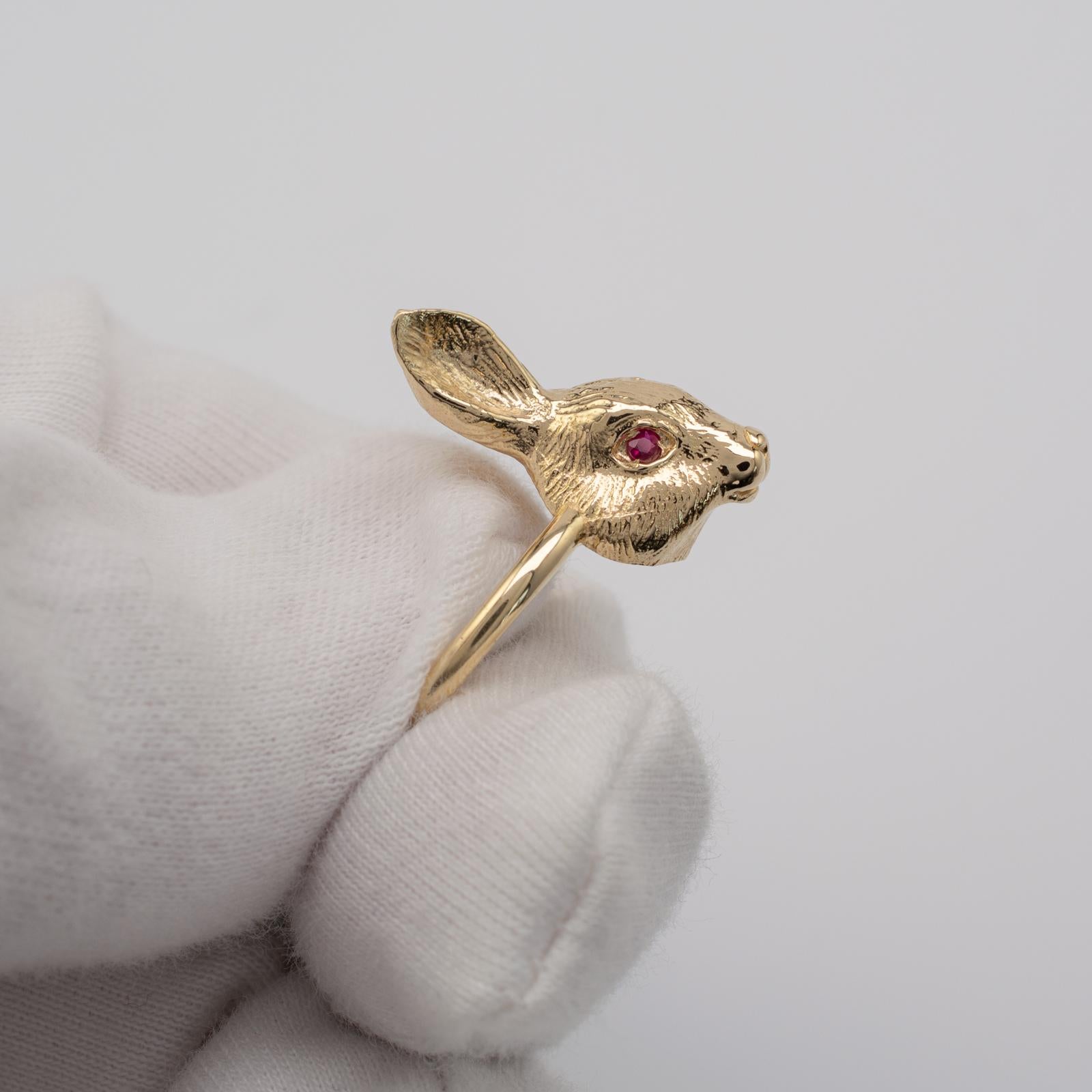 Women's Solid Gold Rabbit, Ruby Eyes, Custom Made Animal Rings by Michael Hunter BA Hons