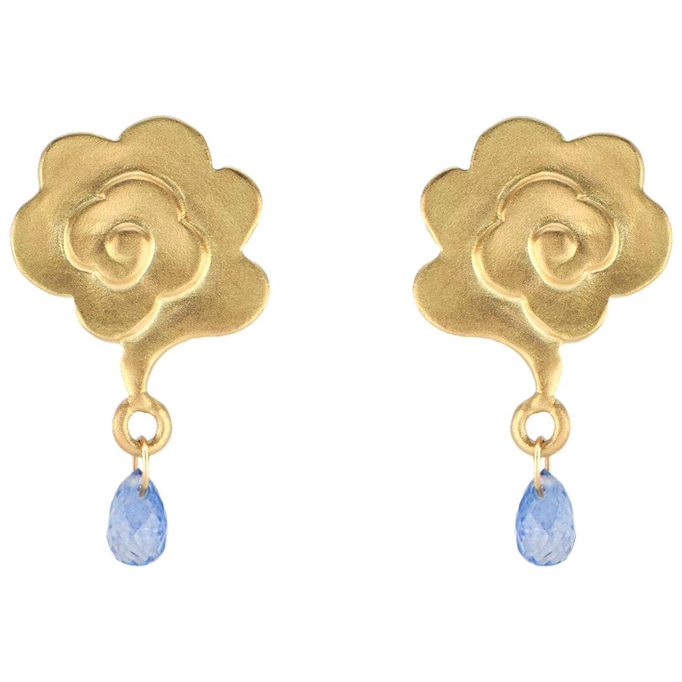 Gold Rain Cloud Stud Earrings with Blue Sapphire Raindrops For Sale