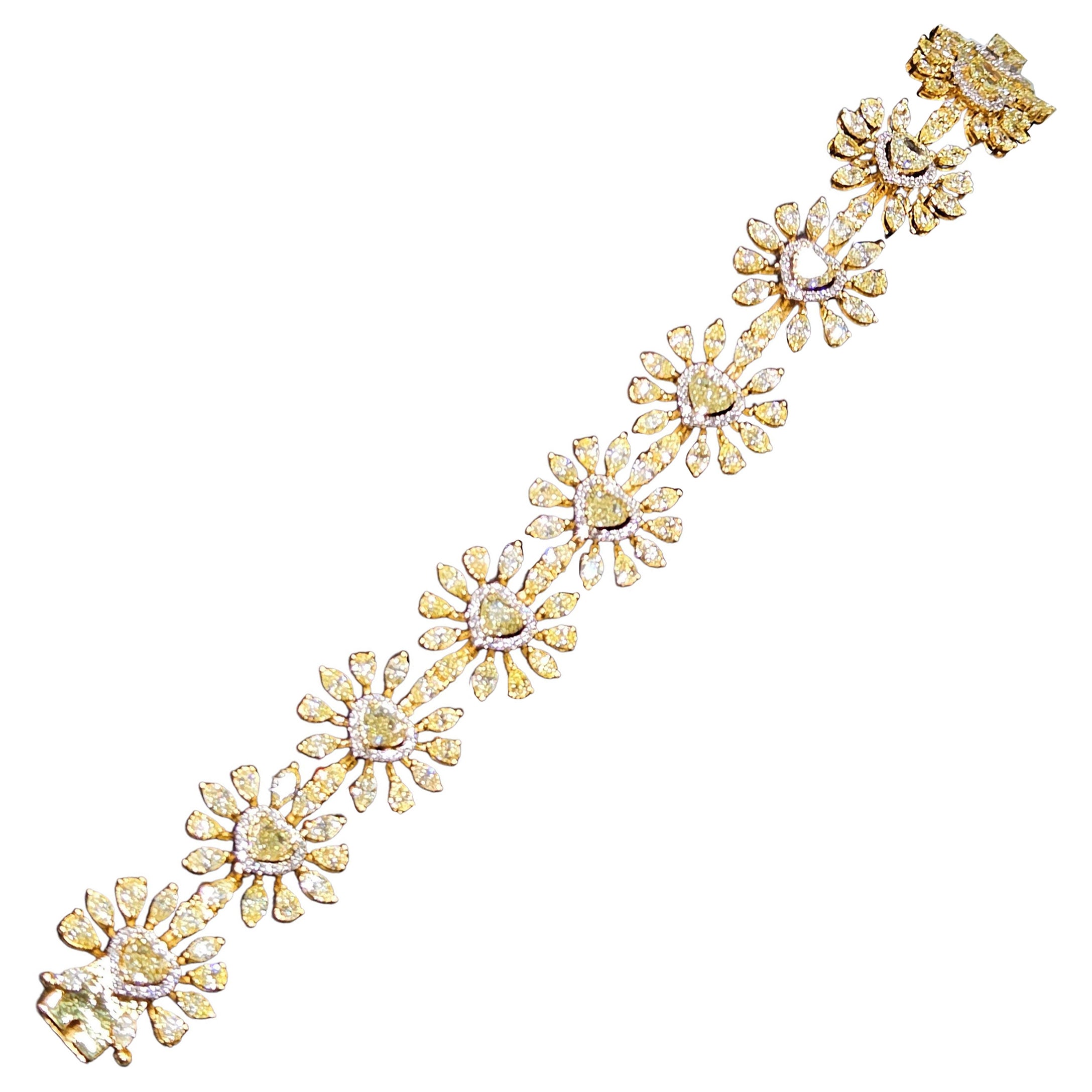 Magnifique bracelet tennis en or avec cœur en diamant jaune fantaisie, neuf avec étiquettes en vente