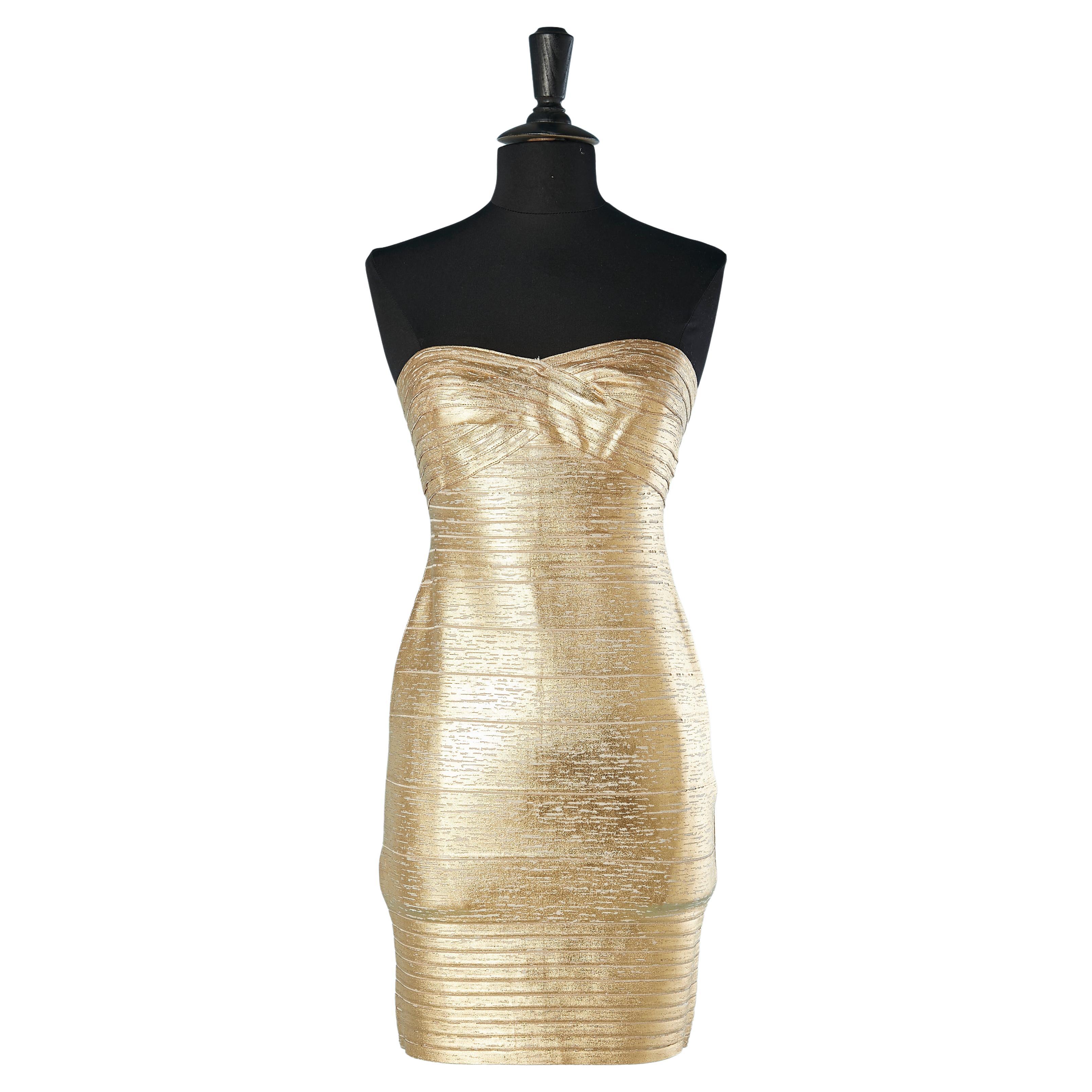 Gold rayon knit bustier dress Hervé Leger NEW with tag  For Sale