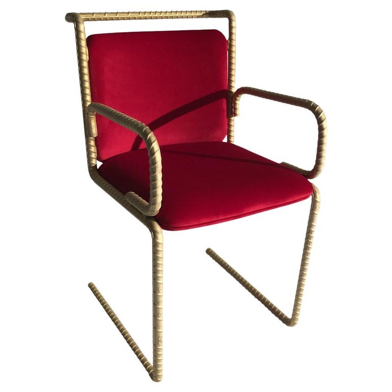 Gold Rebar Chair With Red Velvet Upholstery For Sale at 1stDibs