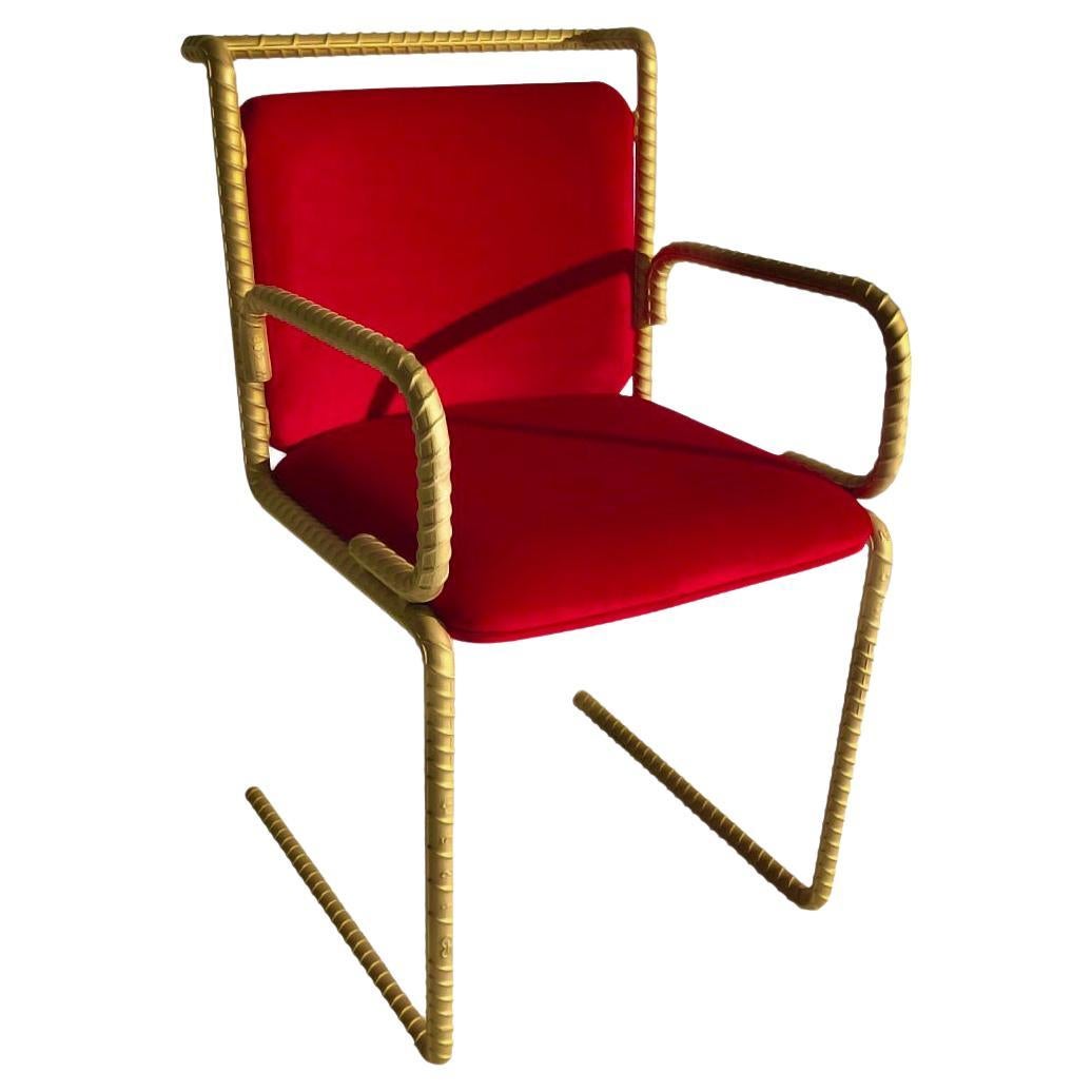 Gold Rebar Steel Chair With Red Velvet Upholstery