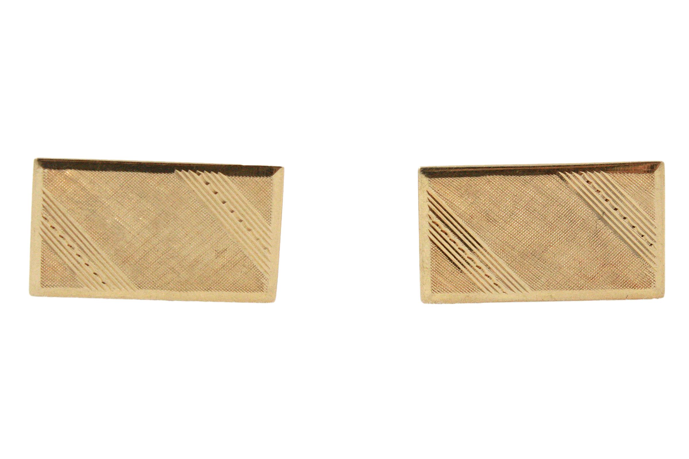 14K Yellow Gold Rectangular cufflinks
Diagonal stripe detail  with a perfect area left for a personal Monogram 
Unknown designer
10.89 grams