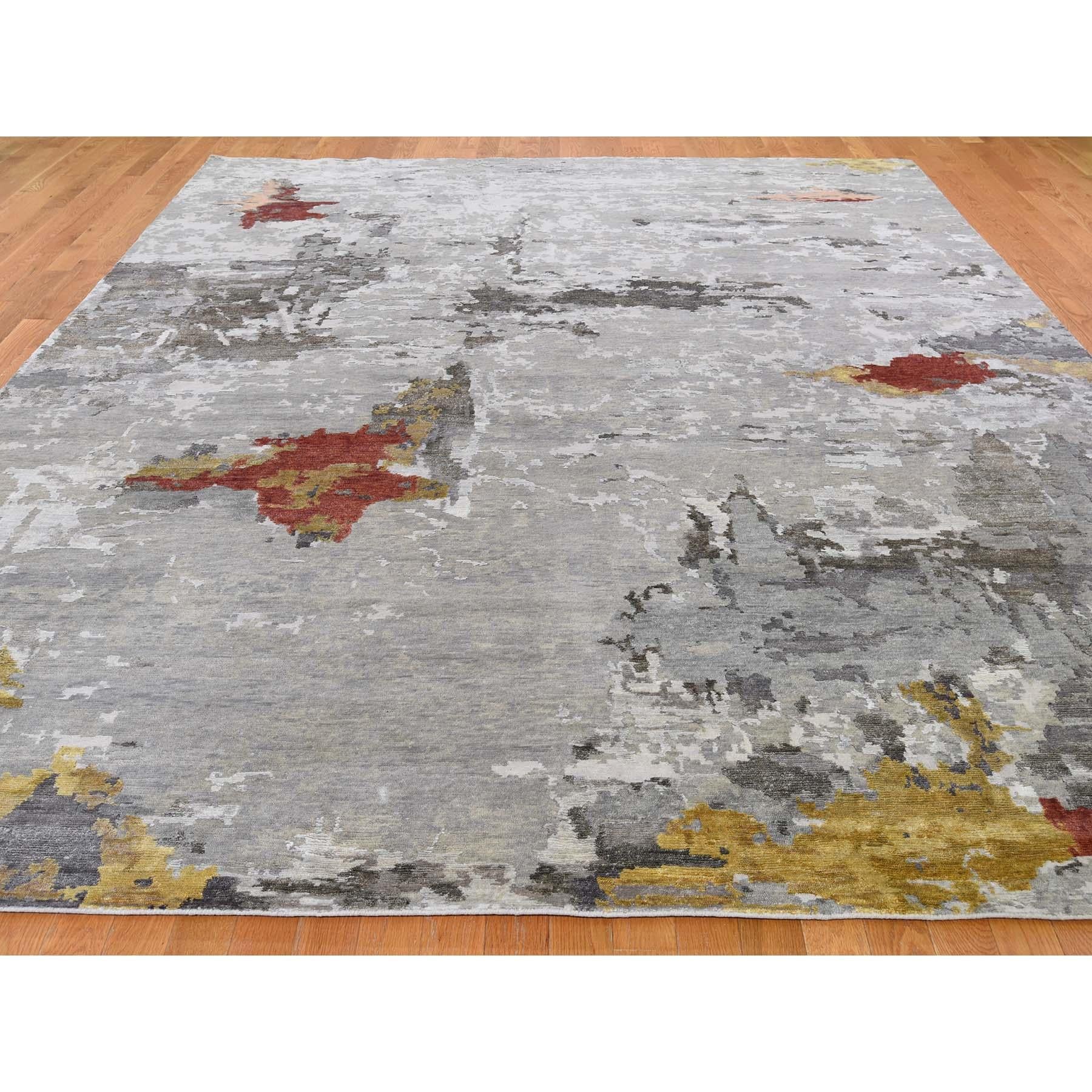 Other Gold/Red Abstract Design Wool and Silk Hand Knotted Oriental Rug