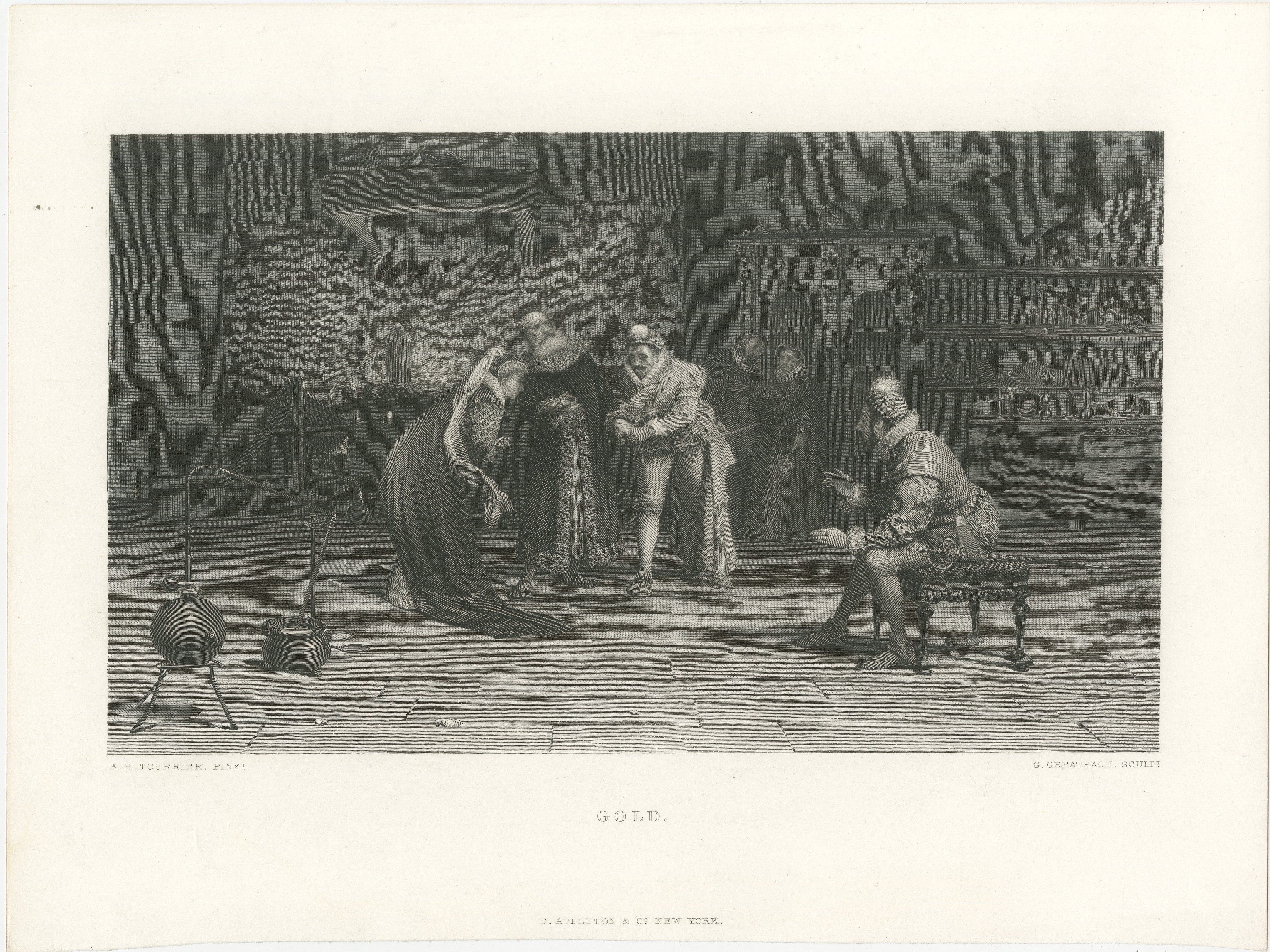 Gold – Renaissance Alchemy Interior Engraving after Tourrier, ca.1860