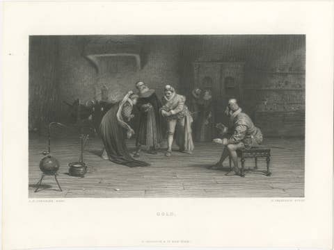 Gold – Renaissance Alchemy Interior Engraving after Tourrier, ca.1860