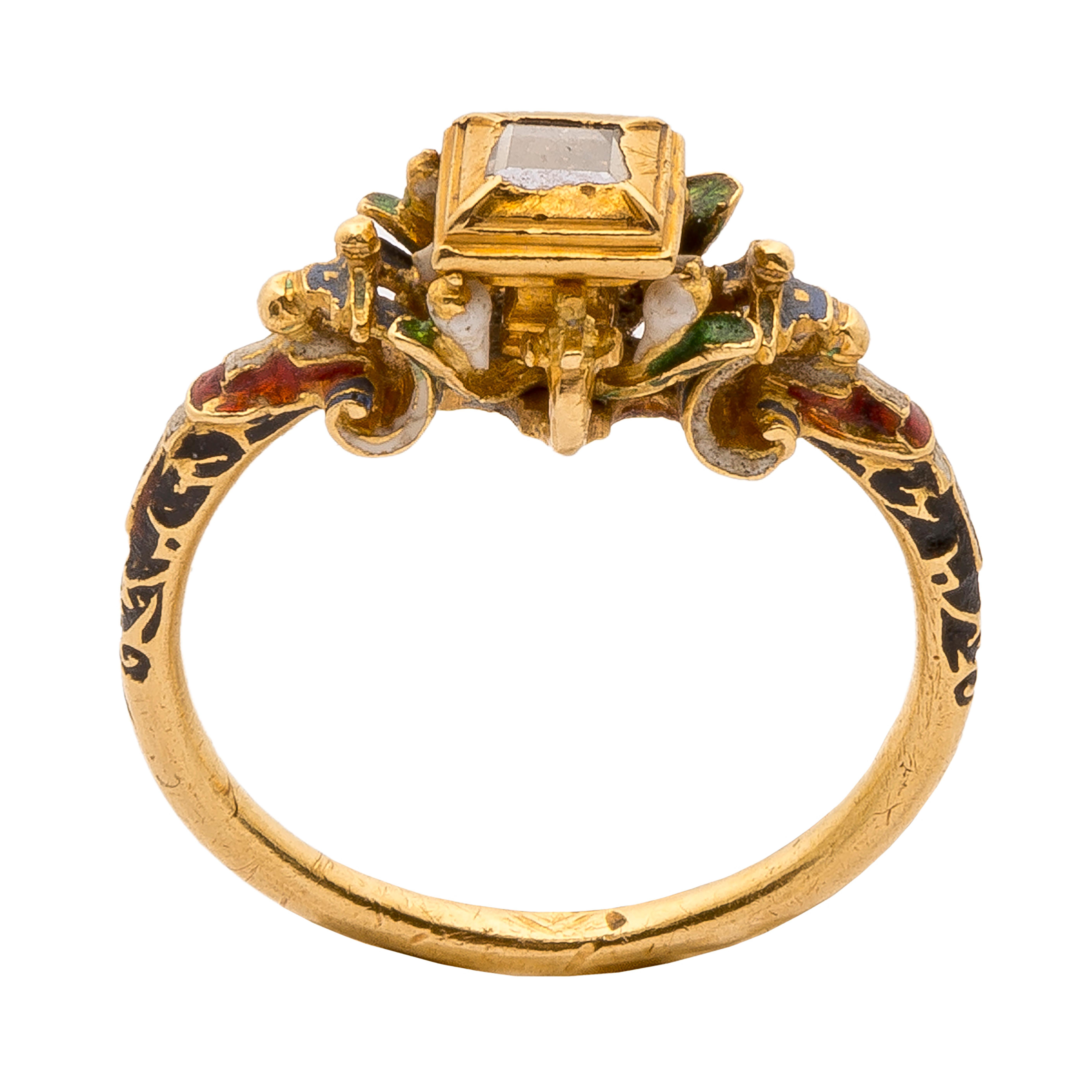Renaissance Diamond Ring 
Western Europe, late 16th century 
Gold, diamond, enamel 
Weight 5.6 gr.; Circumference 54.51 mm.; US size 7, UK size O 

A gold ring with a hoop in rounded D-section and “blackwork” ornament on the shoulder in opaque black