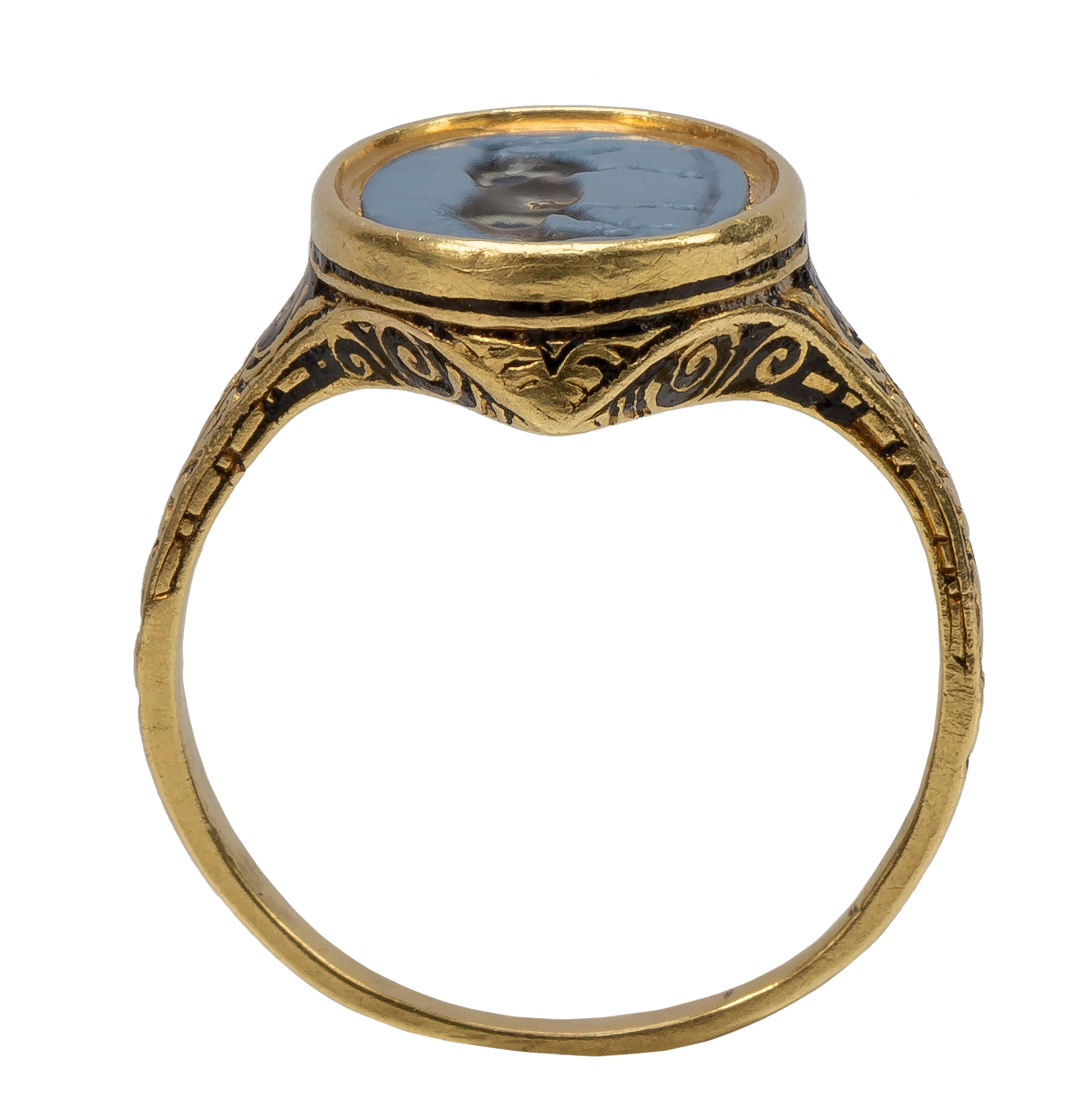 Renaissance ring with Roman horse intaglio  
Ring: Western Europe, c. 1580-90, Roman intaglio: 1st century AD  
Gold, champlevé enamel, nicolo agate 
Weight 5.2 gr.; Circumference 57.15 mm.; US size 8; UK size Q

In the Renaissance period, ancient