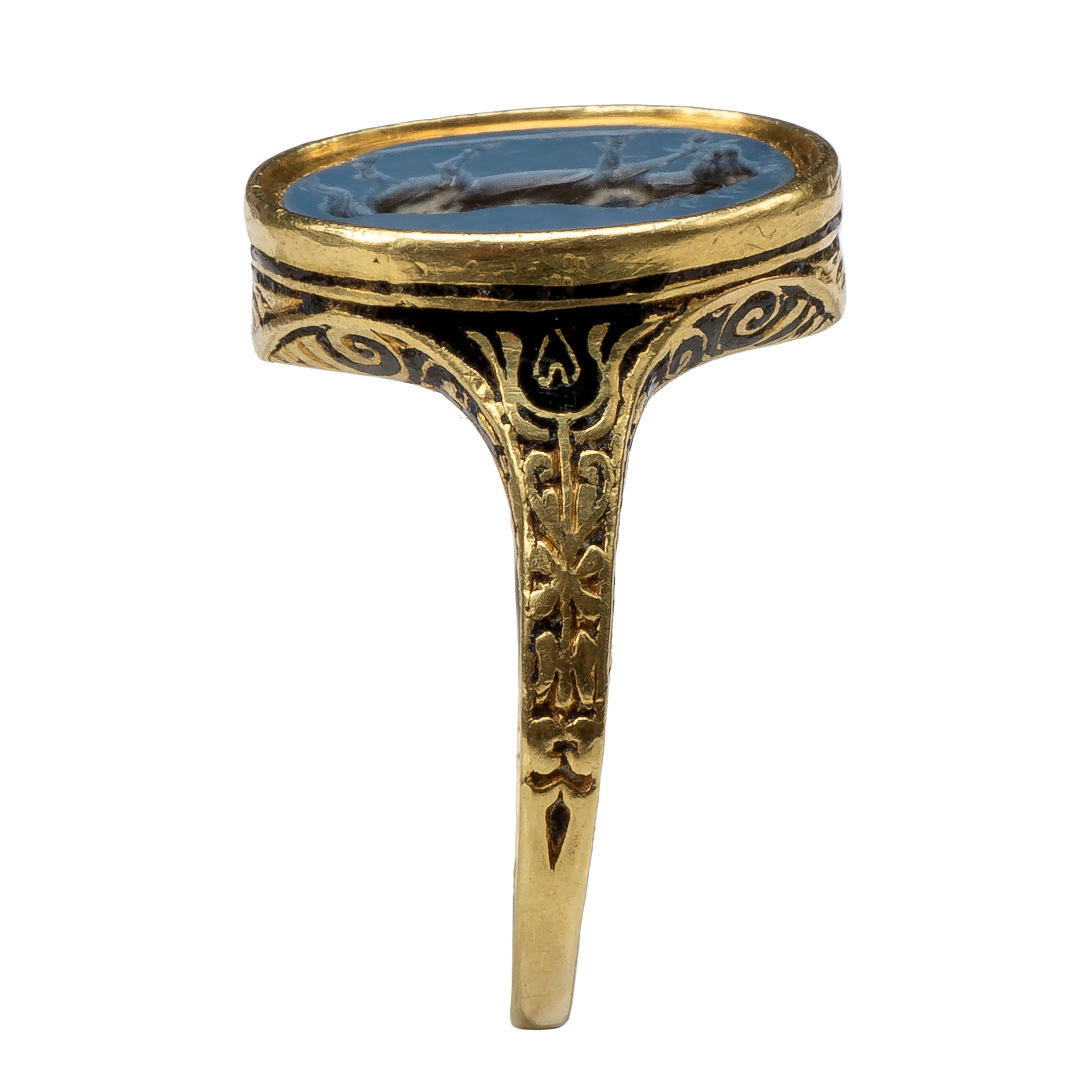 Renaissance-Ring aus Gold mit römischem Achat-Intaglio, das ein Pferd darstellt (Ungeschliffen) im Angebot
