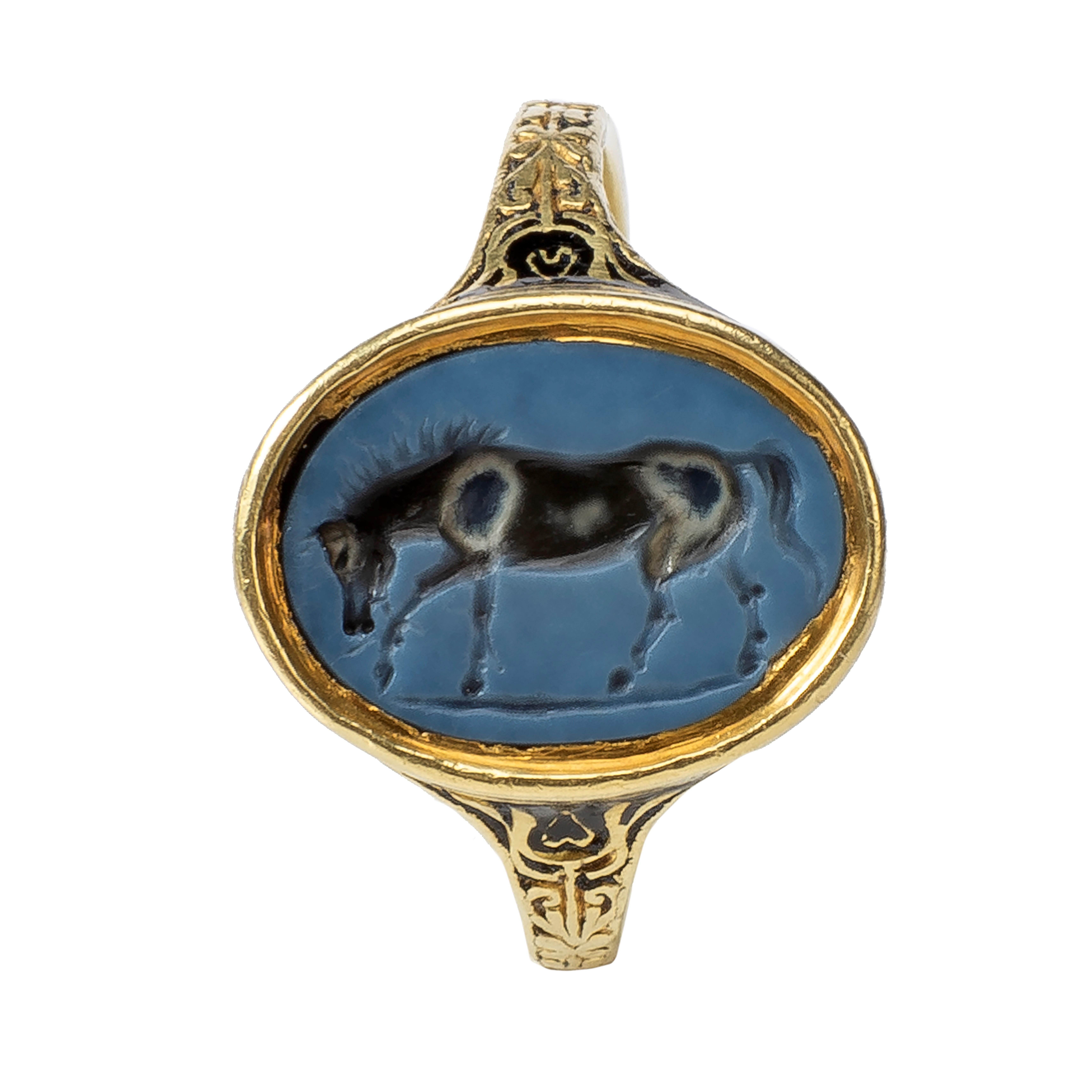 Renaissance-Ring aus Gold mit römischem Achat-Intaglio, das ein Pferd darstellt im Zustand „Gut“ im Angebot in Chicago, IL