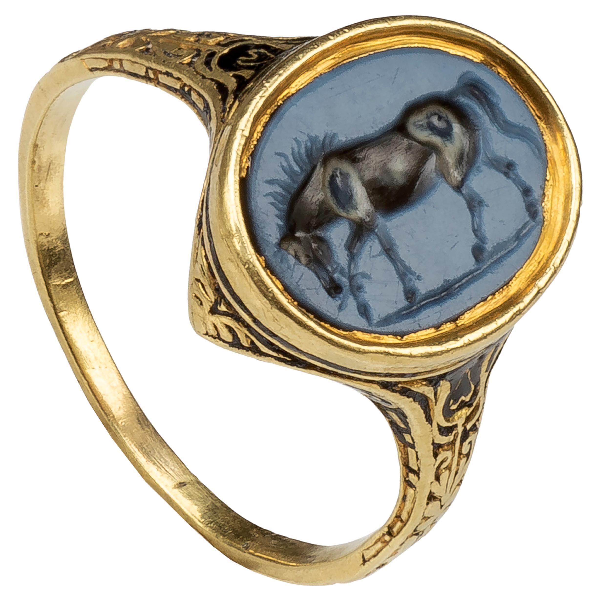 Gold Renaissance Ring with Roman Agate Intaglio Depicting a Horse For Sale