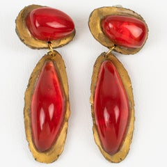 Brutalist Gold Resin and Red Cabochons Dangle Clip Earrings