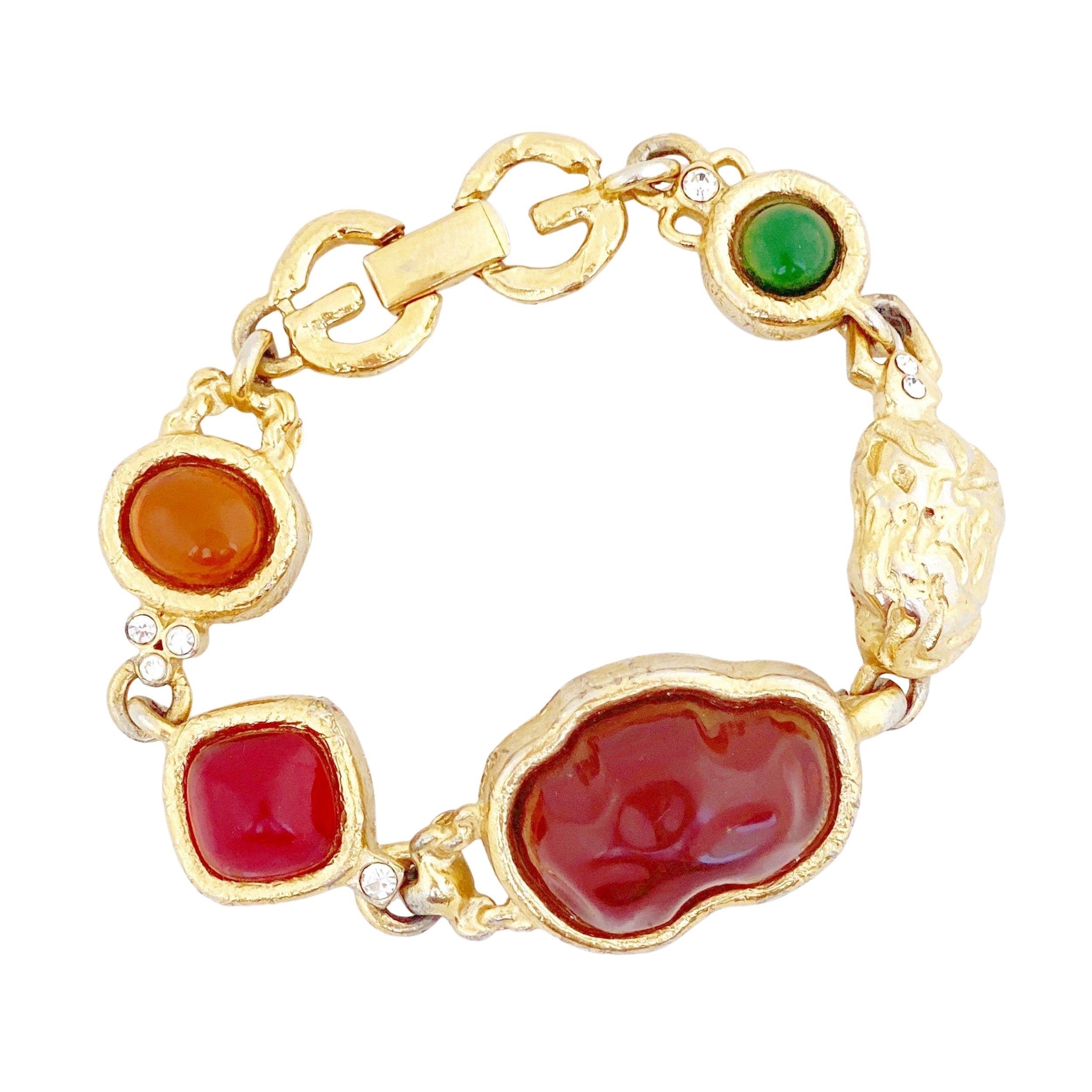 Gold & Resin Cabochon Organic Link Bracelet With Logo Clasp By Givenchy, 1980s For Sale
