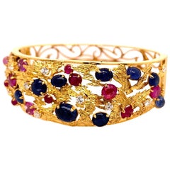 Gold Retro Bangle apx 6.50 Carat Natural Diamond, Ruby, Sapphire Cab Bracelet 1970