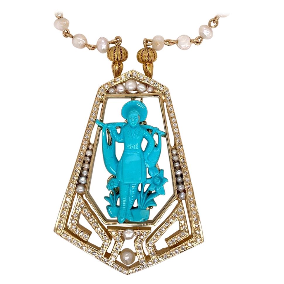 Gold Retro Chinese Hand Carved Natural Turquoise and Diamond Pearl, circa 1960