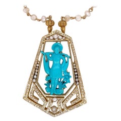 Gold Retro Chinese Hand Carved Natural Turquoise and Diamond Pearl, circa 1960