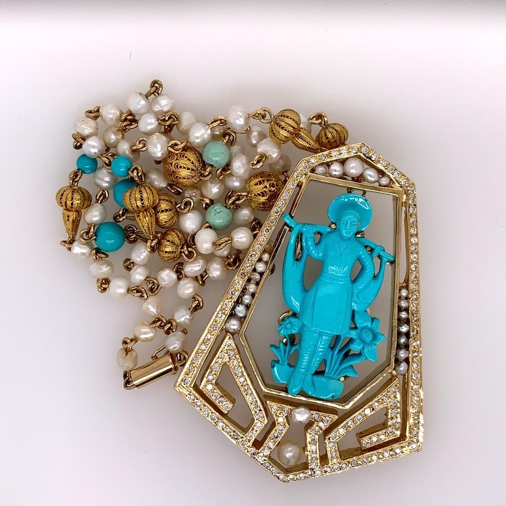 Round Cut Gold Retro Chinese Hand Carved Natural Turquoise and Diamond Pearl, circa 1960