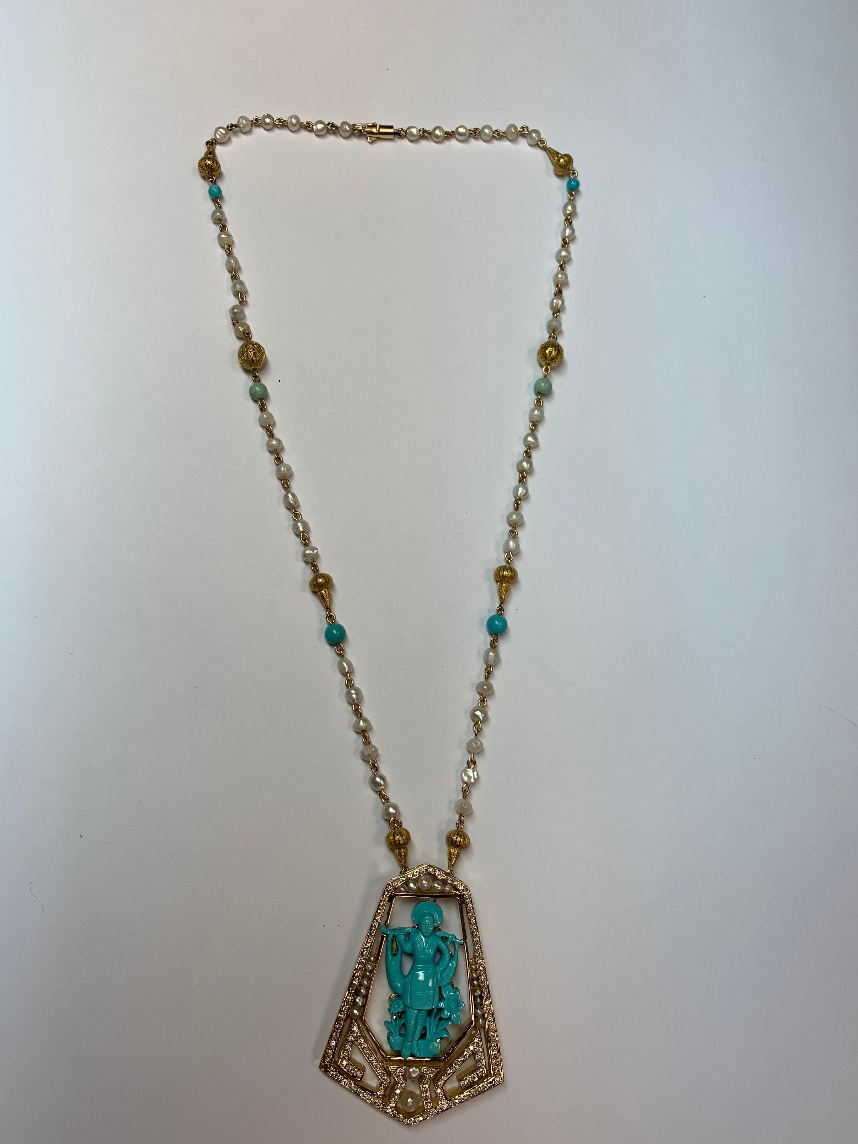 Gold Retro Chinese Hand Carved Natural Turquoise and Diamond Pearl, circa 1960 In Good Condition In Los Angeles, CA