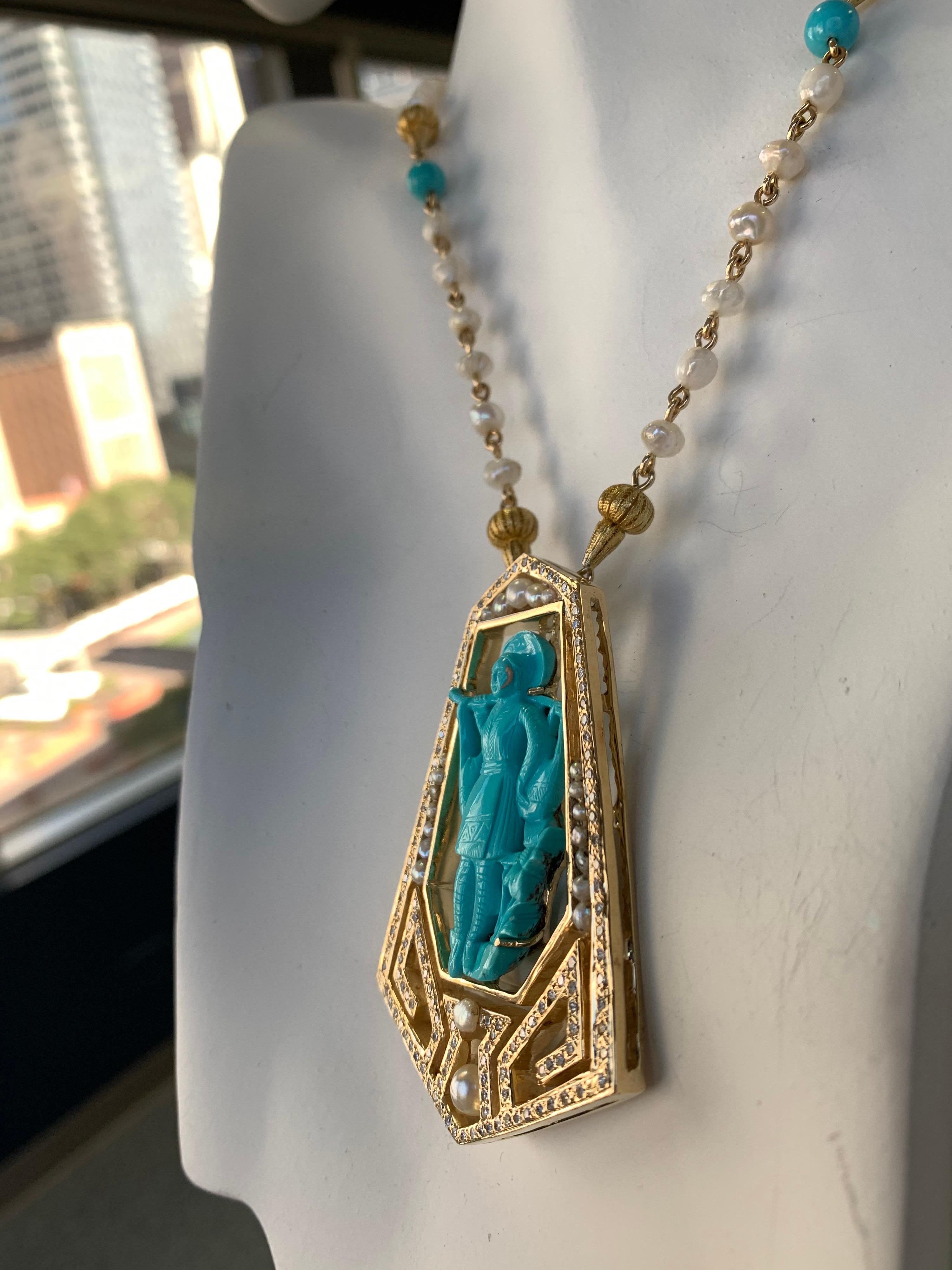 Gold Retro Chinese Hand Carved Natural Turquoise and Diamond Pearl, circa 1960 1