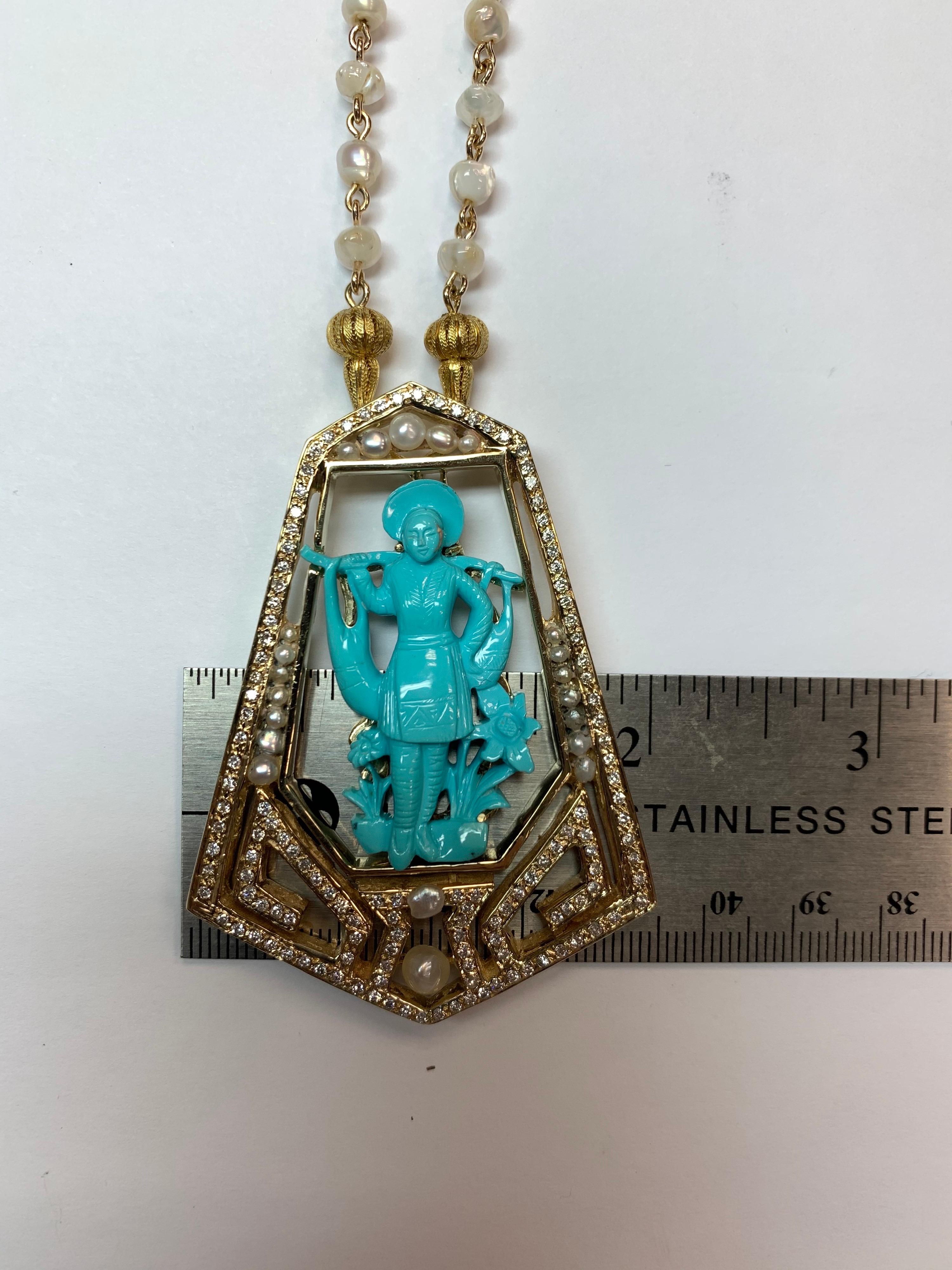 Gold Retro Chinese Hand Carved Natural Turquoise and Diamond Pearl, circa 1960 4