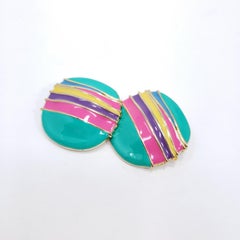 Gold Retro Hippie Clip On Earrings, Turquoise Yellow and Hot Pink Enamel